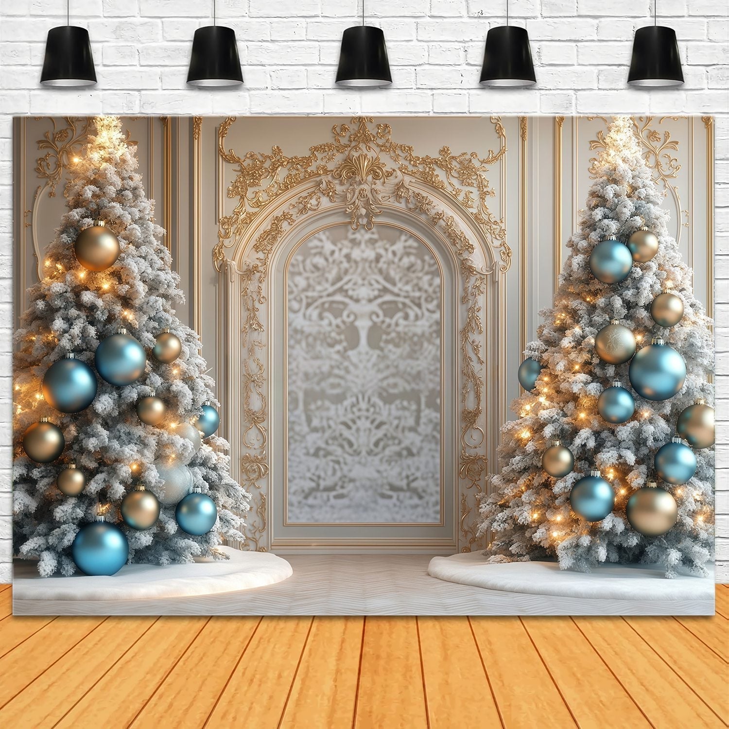 Toile de fond photo Noël Arche Sapins Givrés Liseré Doré TWW58-97