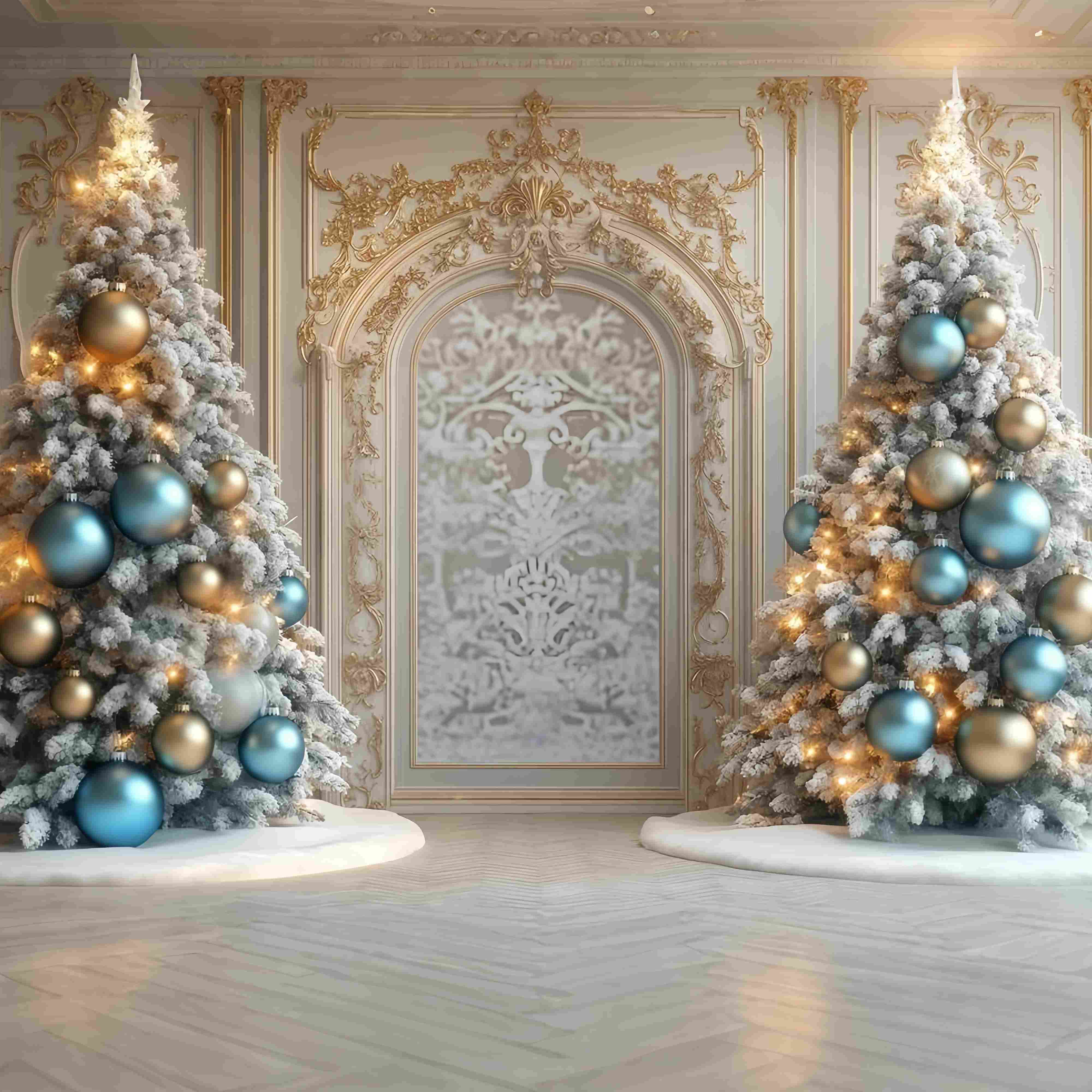 Toile de fond photo Noël Arche Sapins Givrés Liseré Doré TWW58-97
