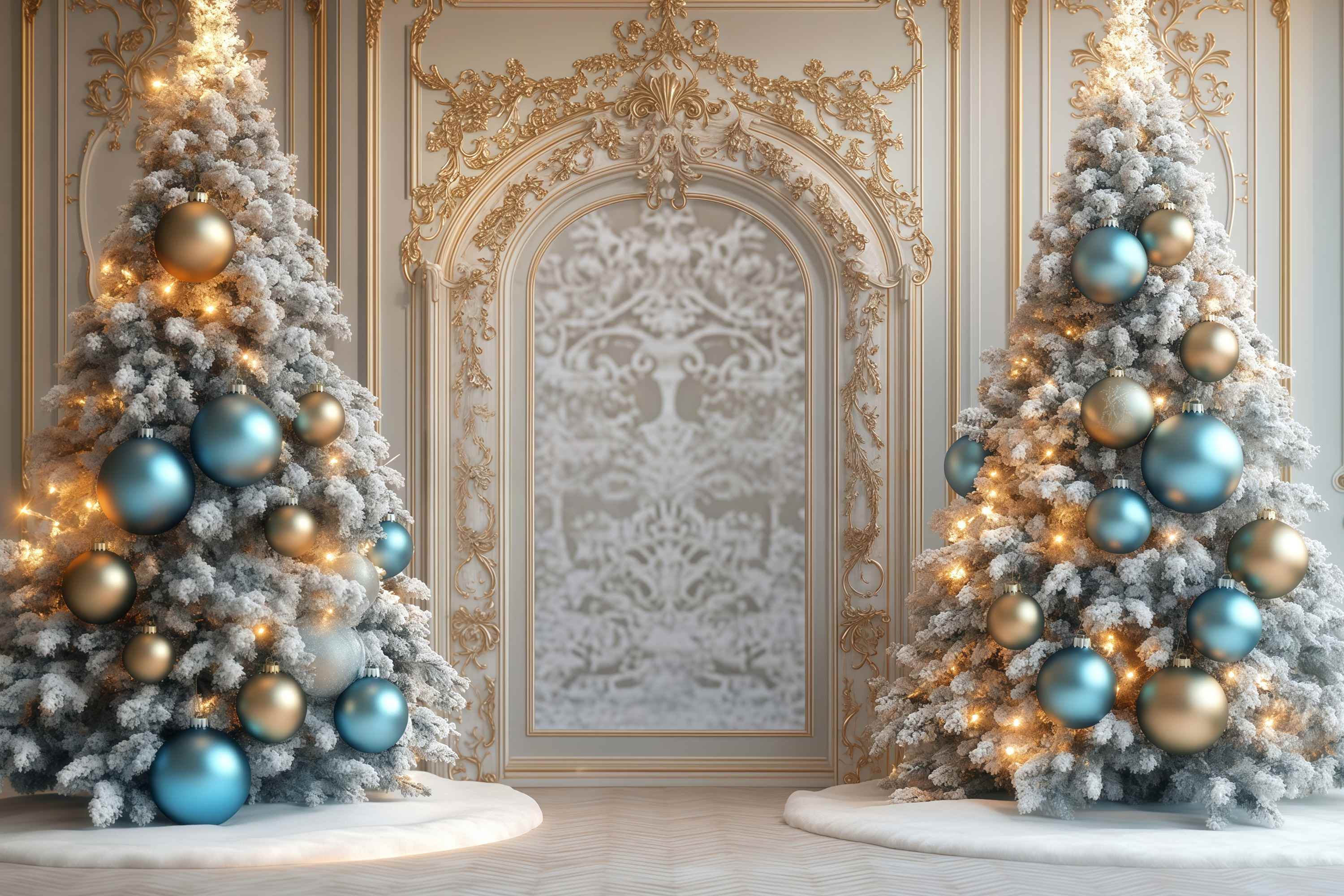 Toile de fond photo Noël Arche Sapins Givrés Liseré Doré TWW58-97