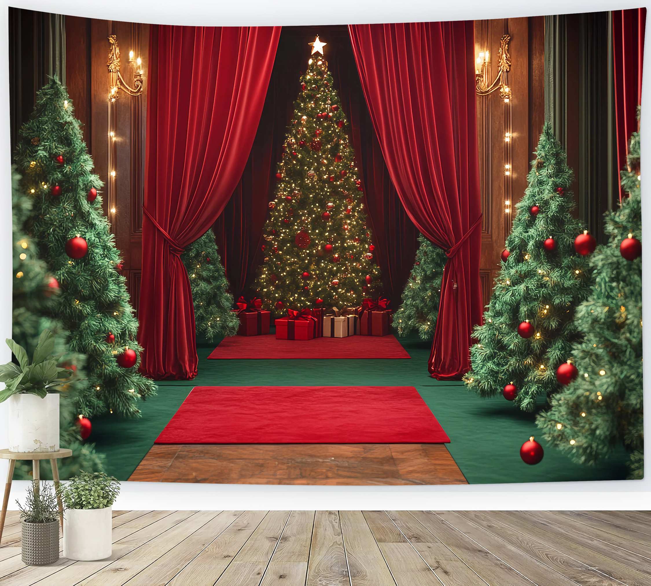 Toile de fond Noël Rideau Velours Rouge Sapins Ornés TWW58-98