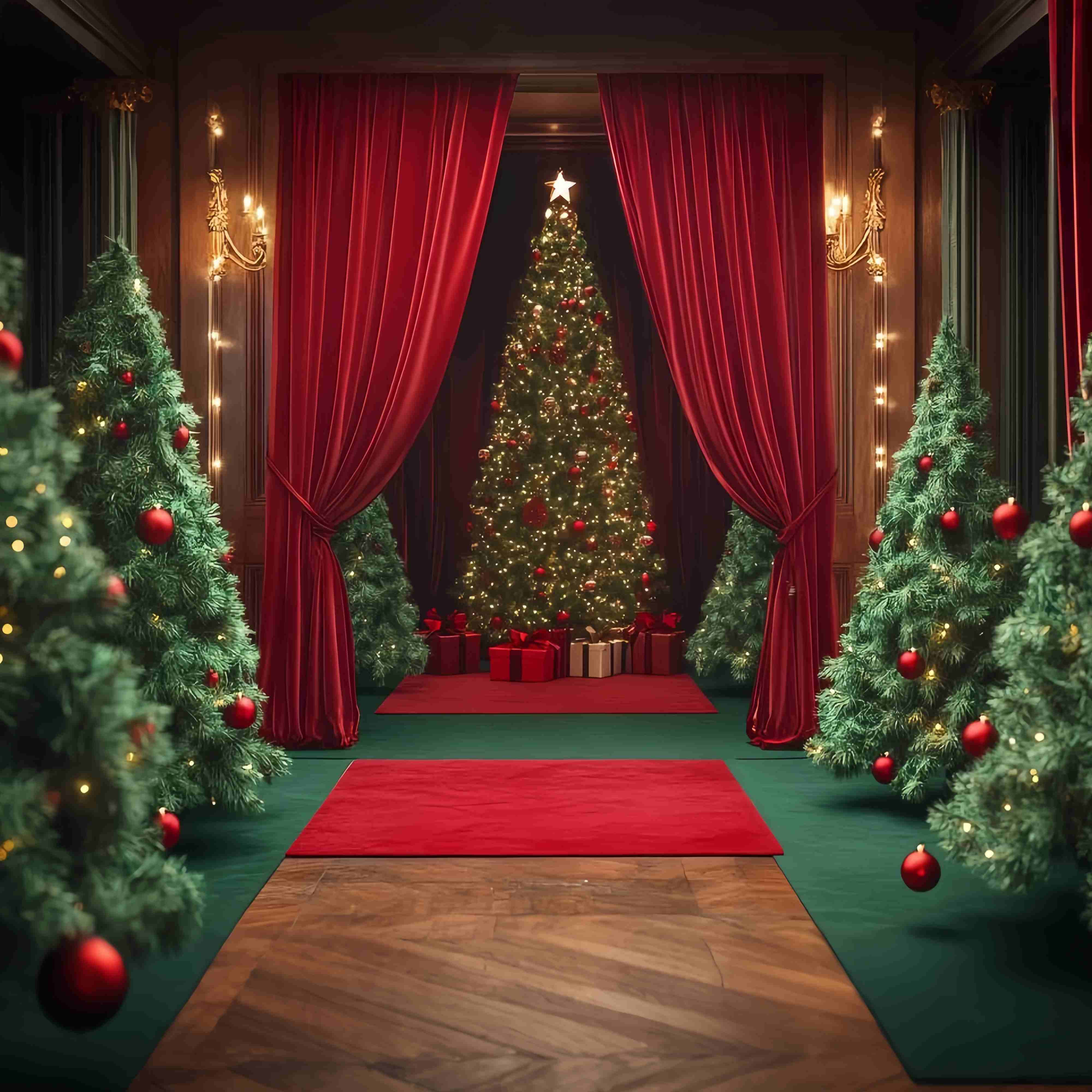 Toile de fond Noël Rideau Velours Rouge Sapins Ornés TWW58-98