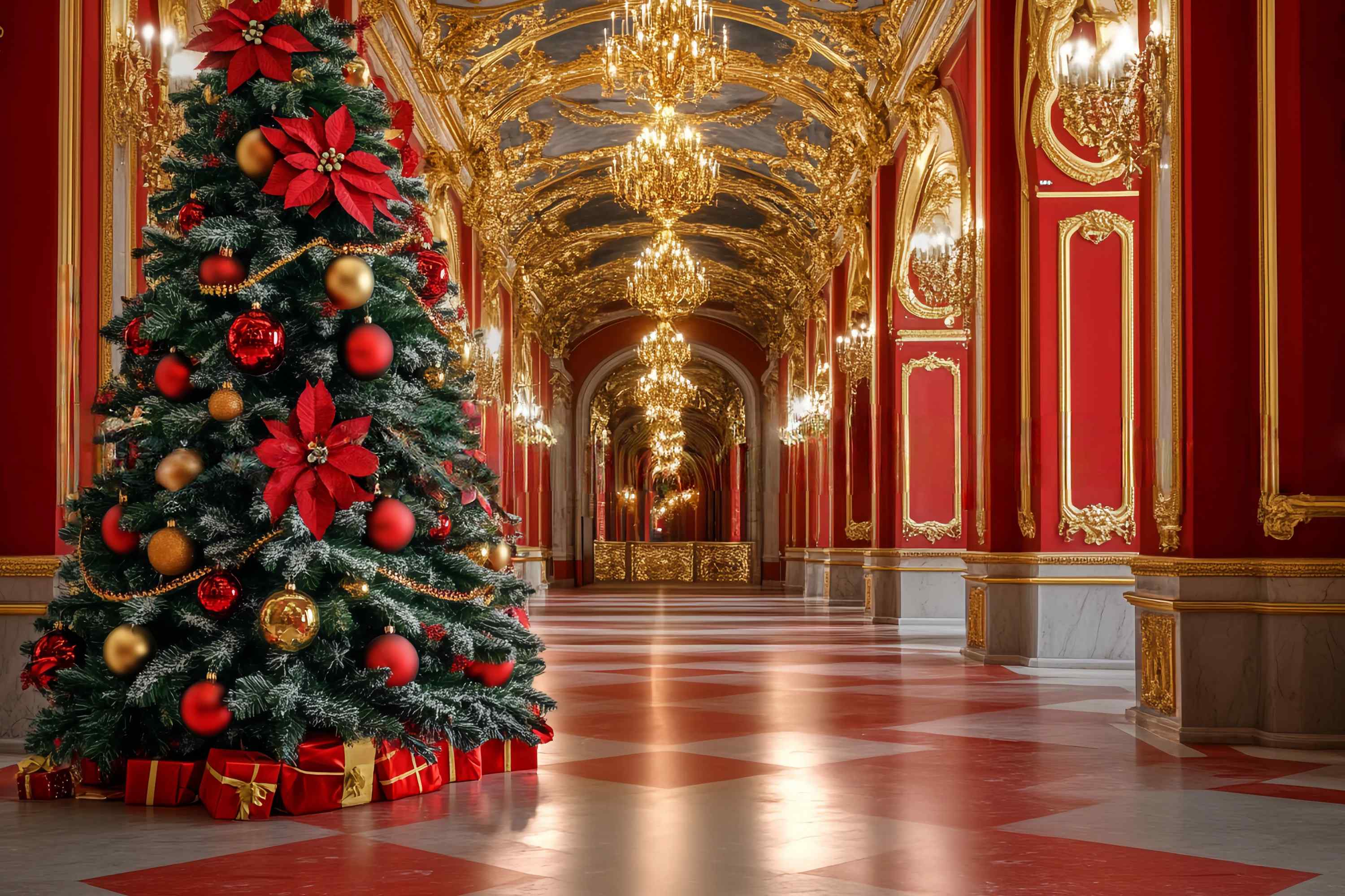 Toile de fond photo Noël Grand Hall Rouge et Or Sapin TWW58-99