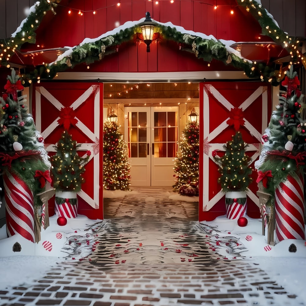 Toile de fond Noël Ferme Grange Rouge Portail des Fêtes TWW59-118