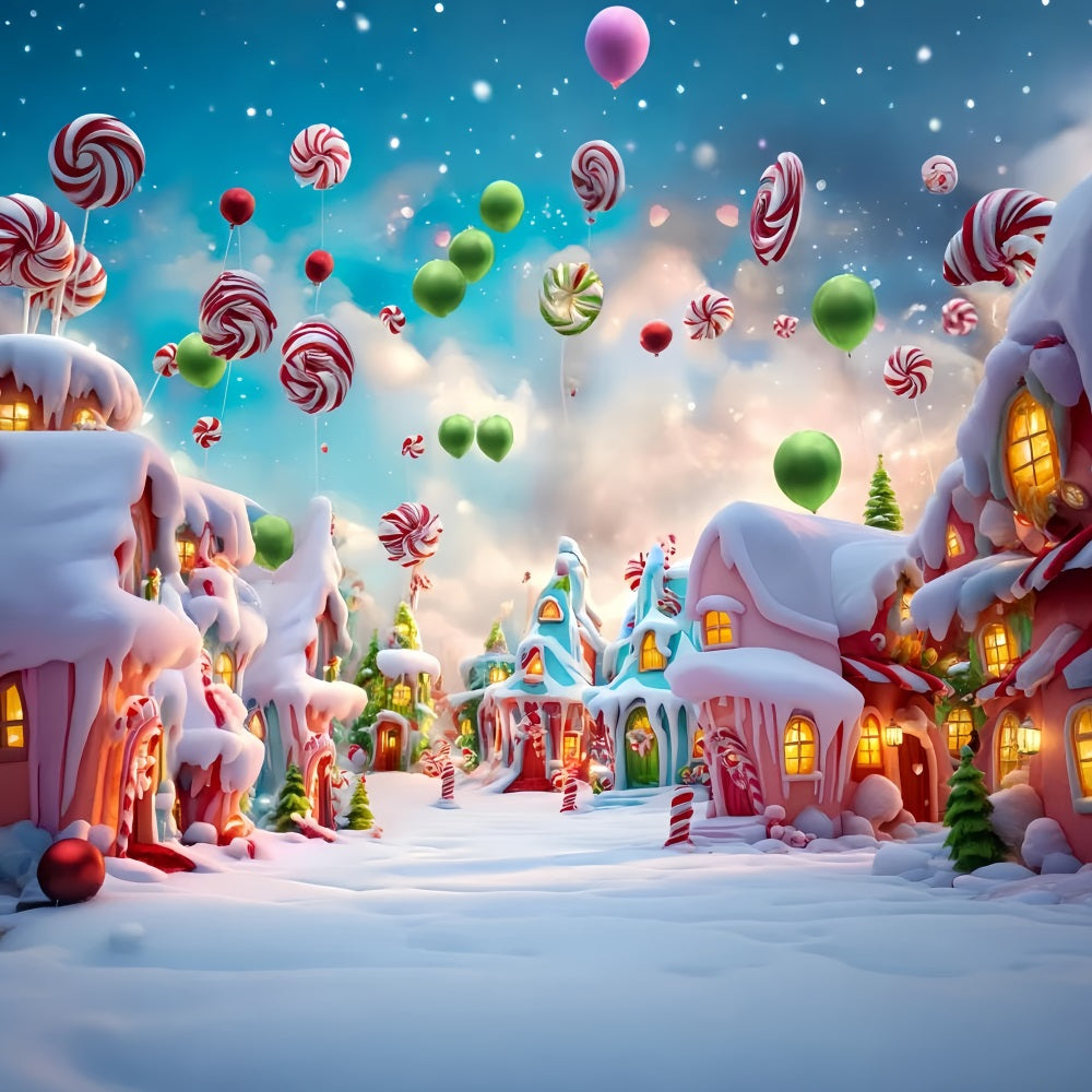 Toile de fond photo Noël Pays des Bonbons Ballons Sucrés Village Enneigé TWW59-121