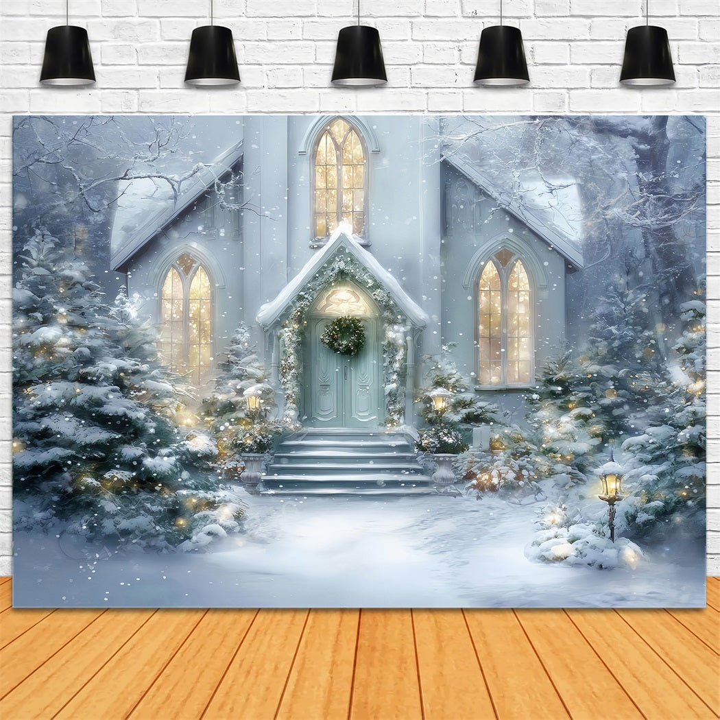 Toile de fond photo Noël Église Entrée Enneigée Lueur TWW59-125