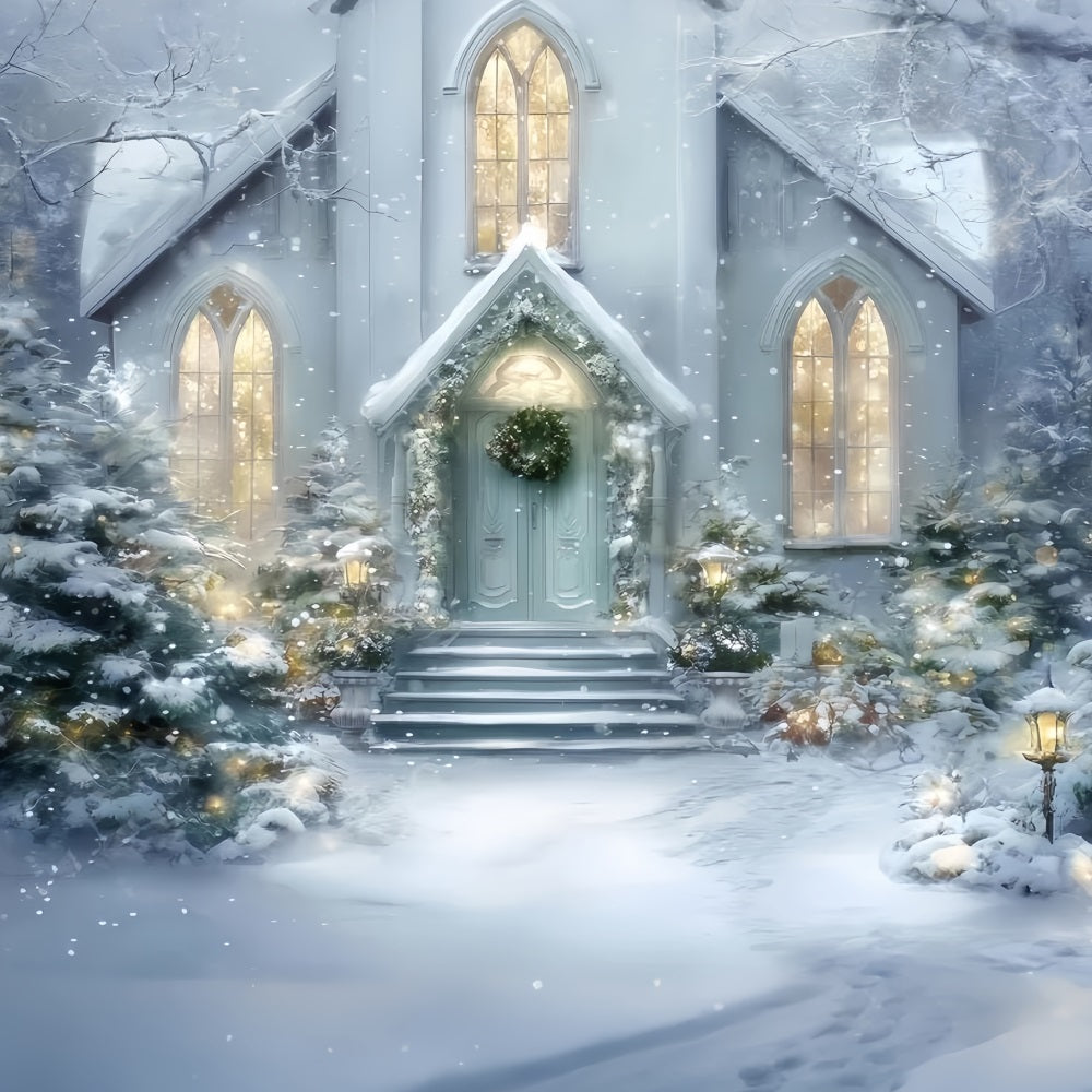 Toile de fond photo Noël Église Entrée Enneigée Lueur TWW59-125