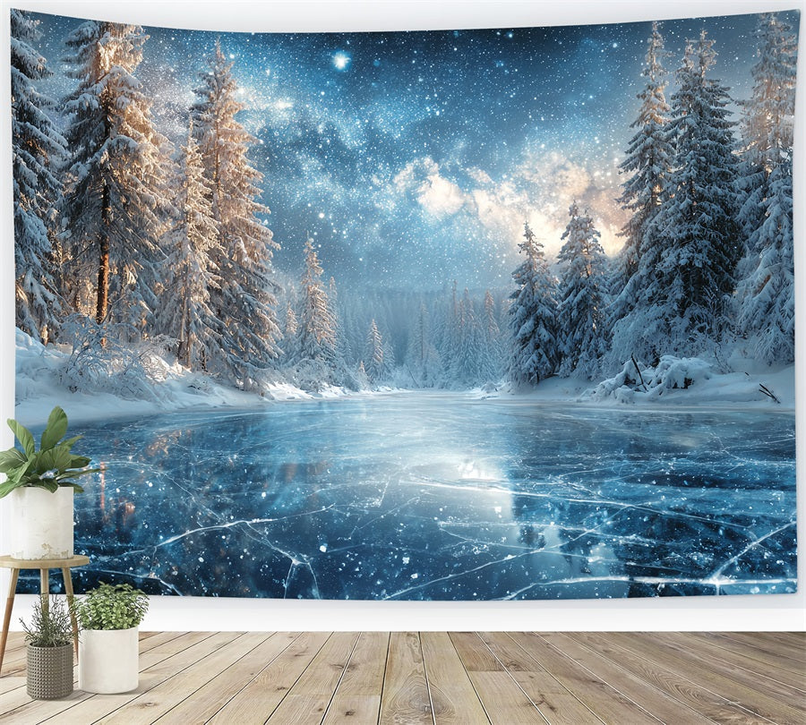 Toile de fond Forêt Hivernale Lac Gelé Nuit Étoilée Forêt Enneigée TWW59-129