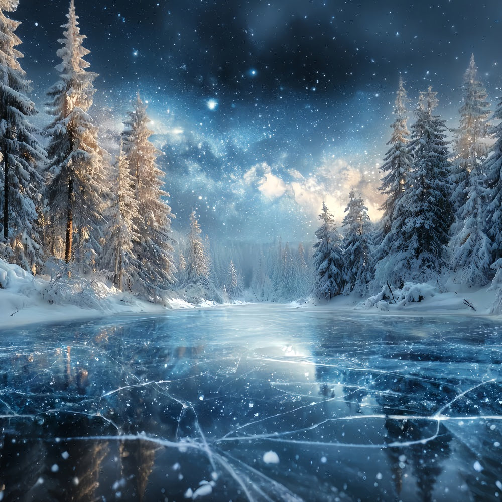 Toile de fond Forêt Hivernale Lac Gelé Nuit Étoilée Forêt Enneigée TWW59-129