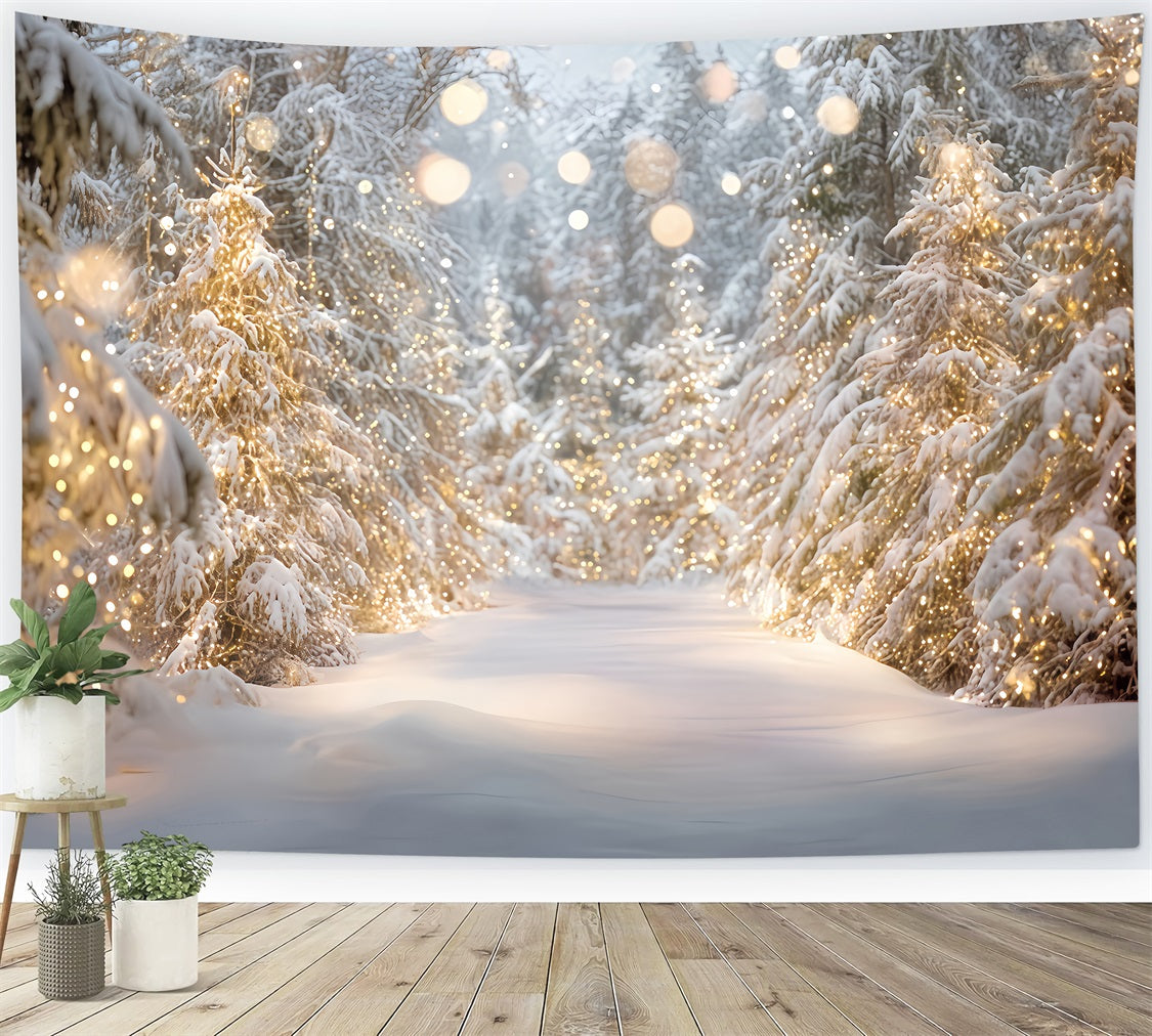 Toile de fond Forêt Enneigée Arbres Neige Lumières Dorées Hiver TWW59-133