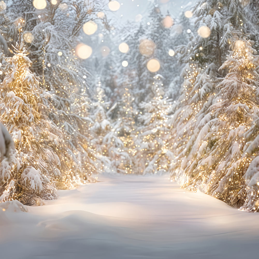 Toile de fond Forêt Enneigée Arbres Neige Lumières Dorées Hiver TWW59-133