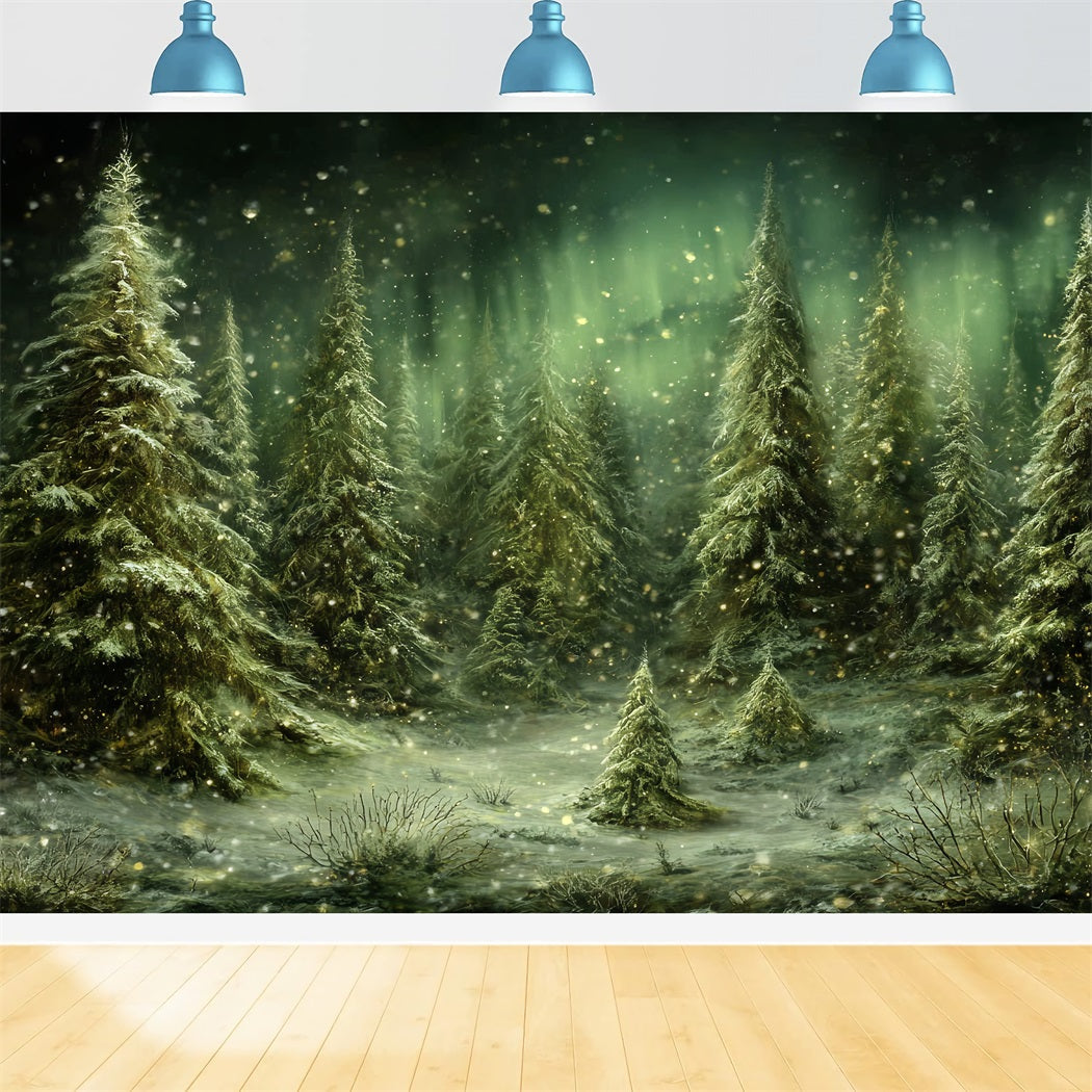 Toile de fond Forêt Pins Enneigée Arbres Aurores Boréales TWW59-143