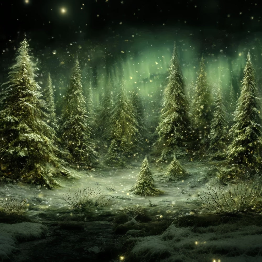 Toile de fond Forêt Pins Enneigée Arbres Aurores Boréales TWW59-143