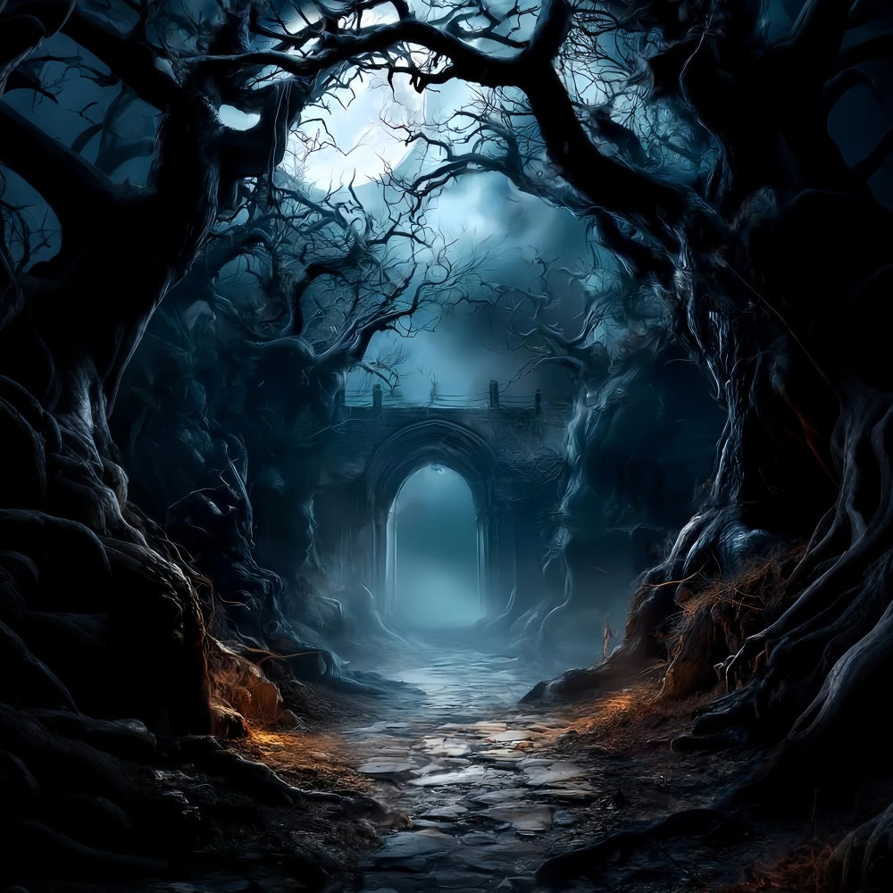 Toile de fond Forêt Sombre Arche Hantée Sentier Clair De Lune TWW59-144