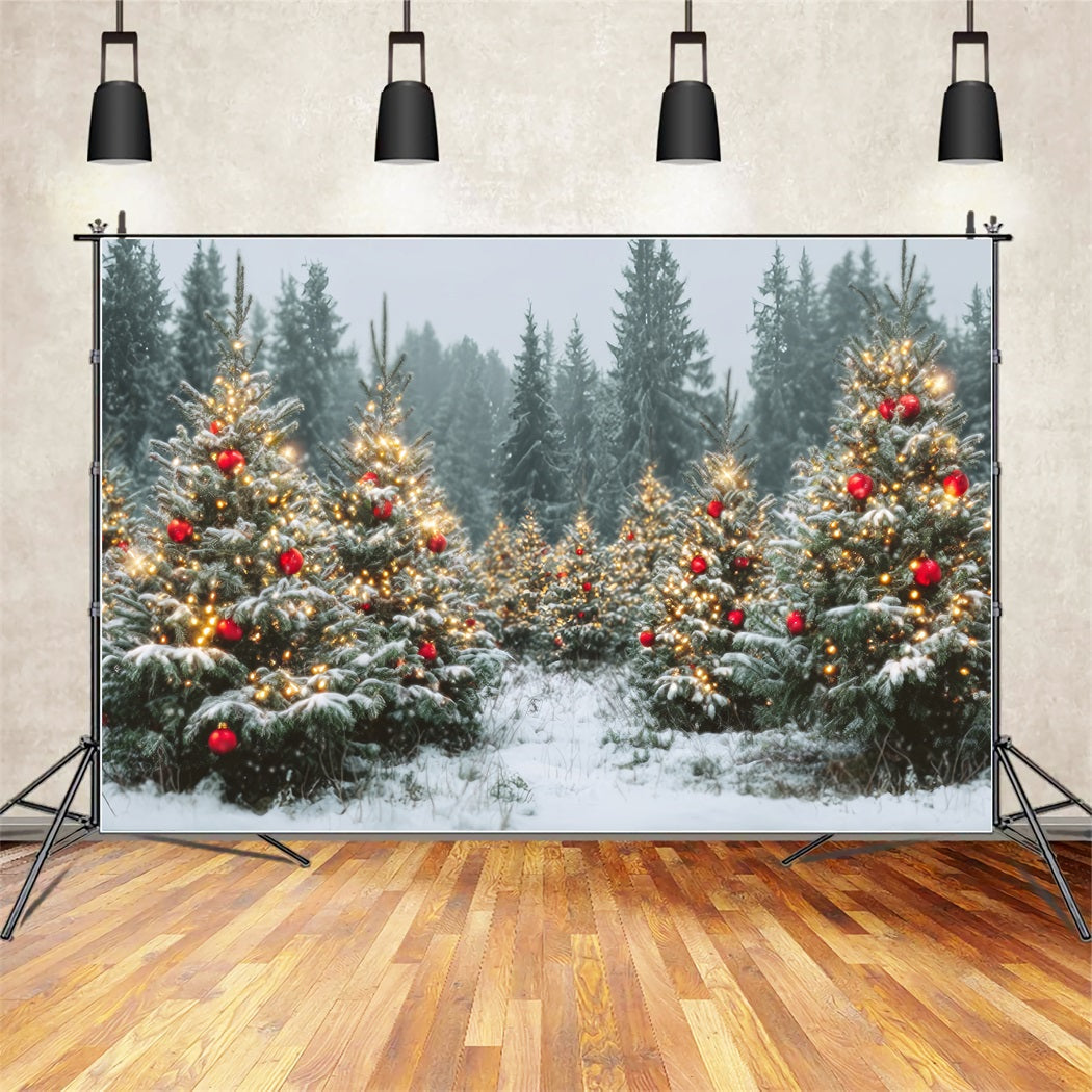 Toile de fond Forêt Noël Arbres Enneigés Ornements Dorés Pins TWW59-147