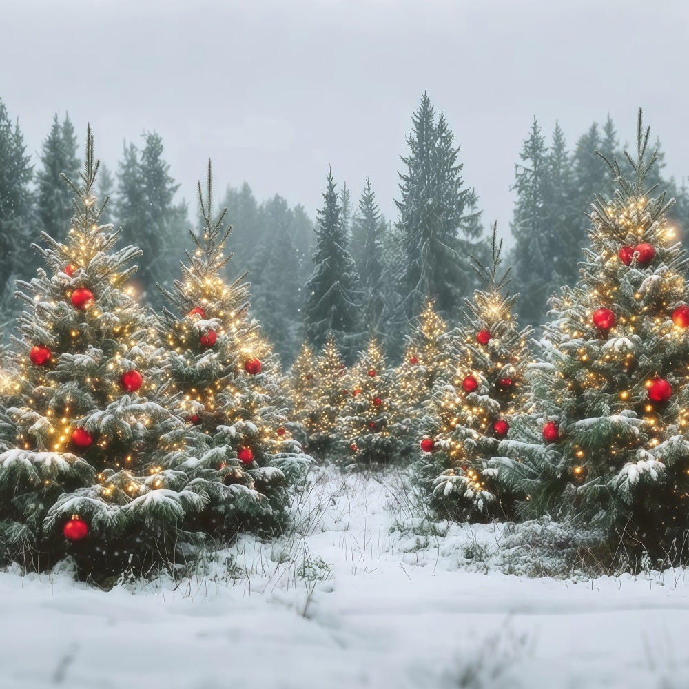Toile de fond Forêt Noël Arbres Enneigés Ornements Dorés Pins TWW59-147