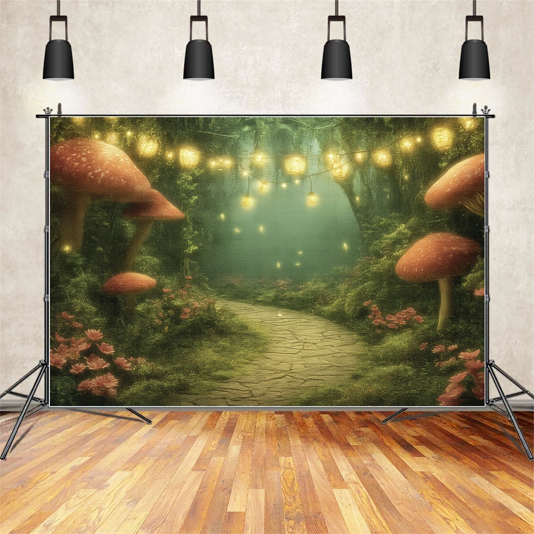 Toile de fond Forêt Féerique Sentier Champignons Lanternes Enchantée TWW59-151
