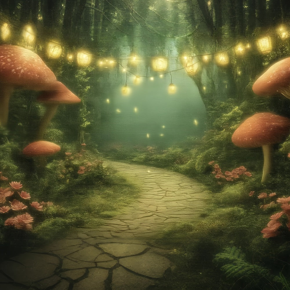 Toile de fond Forêt Féerique Sentier Champignons Lanternes Enchantée TWW59-151