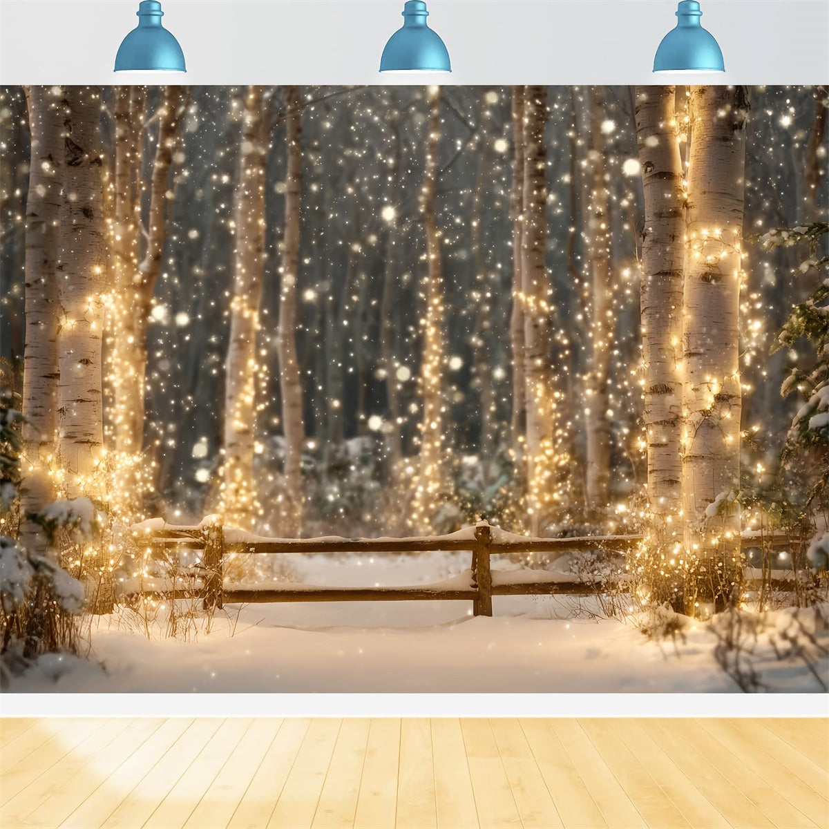 Toile de fond Forêt Nocturne Bouleaux Enneigés Lumières Scintillantes Hiver TWW59-157