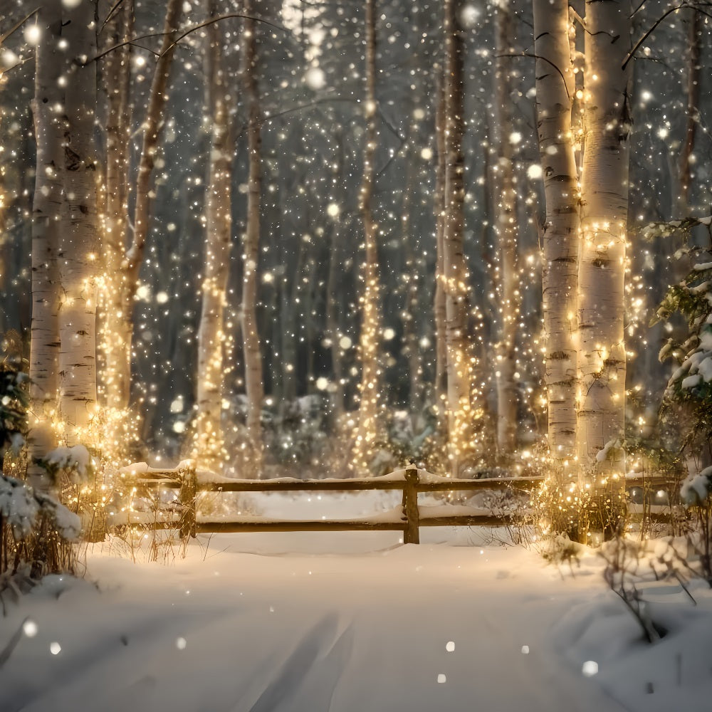 Toile de fond Forêt Nocturne Bouleaux Enneigés Lumières Scintillantes Hiver TWW59-157