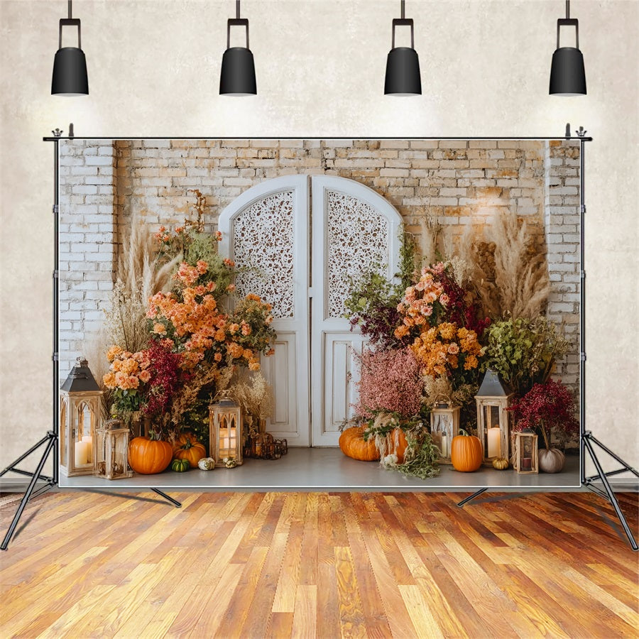Toile de fond Mur Brique Porte Vintage Fleurs Citrouilles TWW59-163