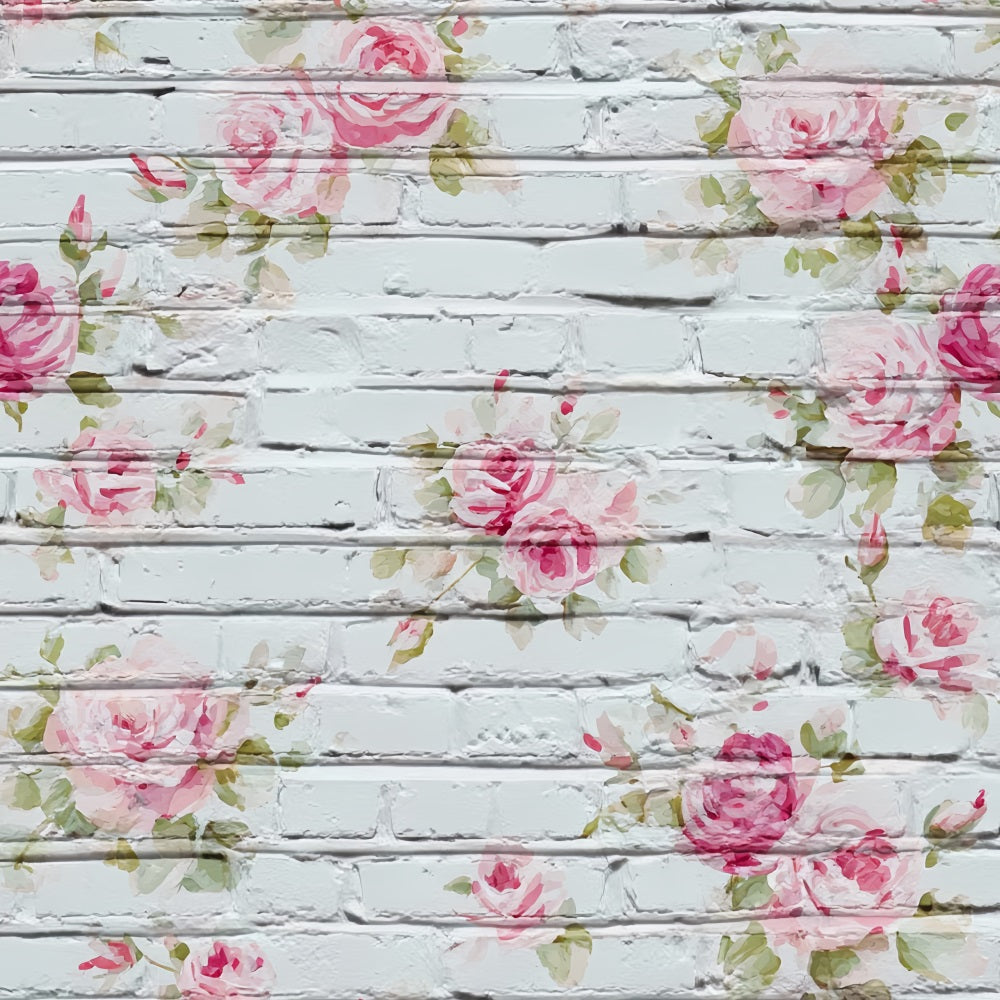 Toile de fond Mur Brique Roses Peintes Blanc Délavé TWW59-173