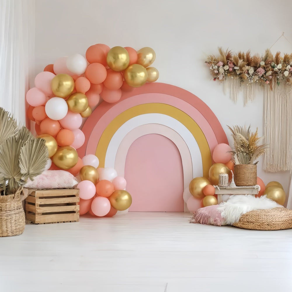 Fonds pour cake smash Décoration avec ballons arc-en-ciel dorés Fonds pour photographie de gâteaux TWW59-211