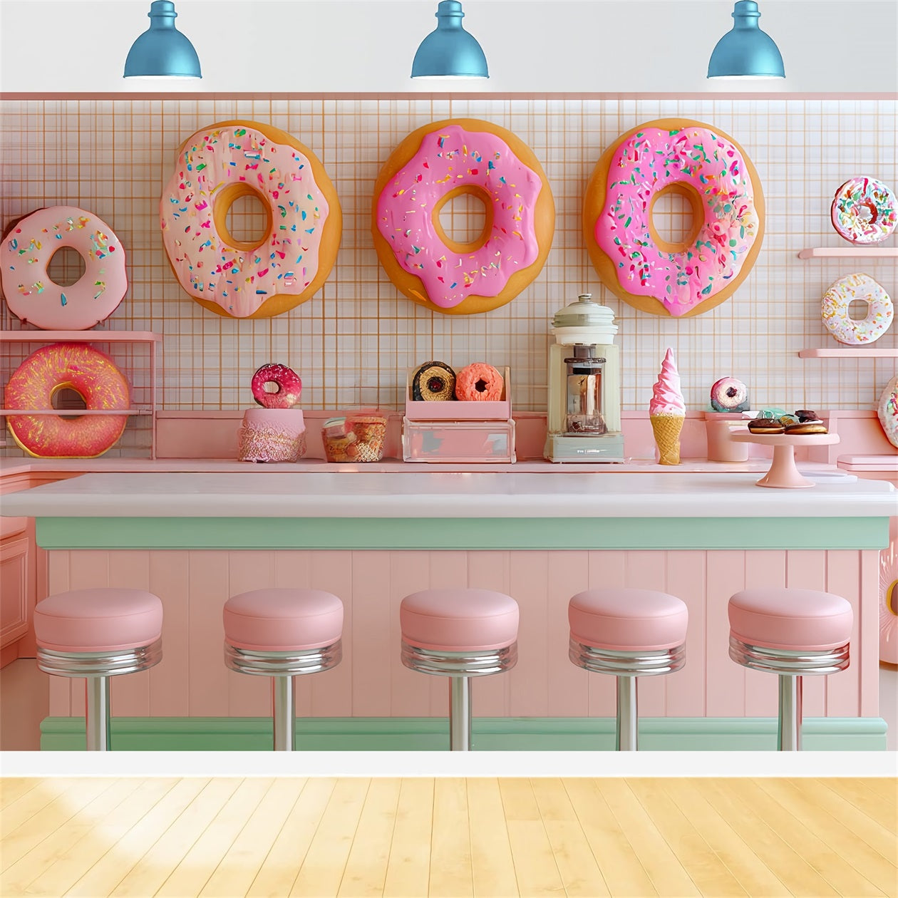 Fond pour smash cake avec bar à desserts et beignets roses pour fille Fond d'anniversaire TWW59-213