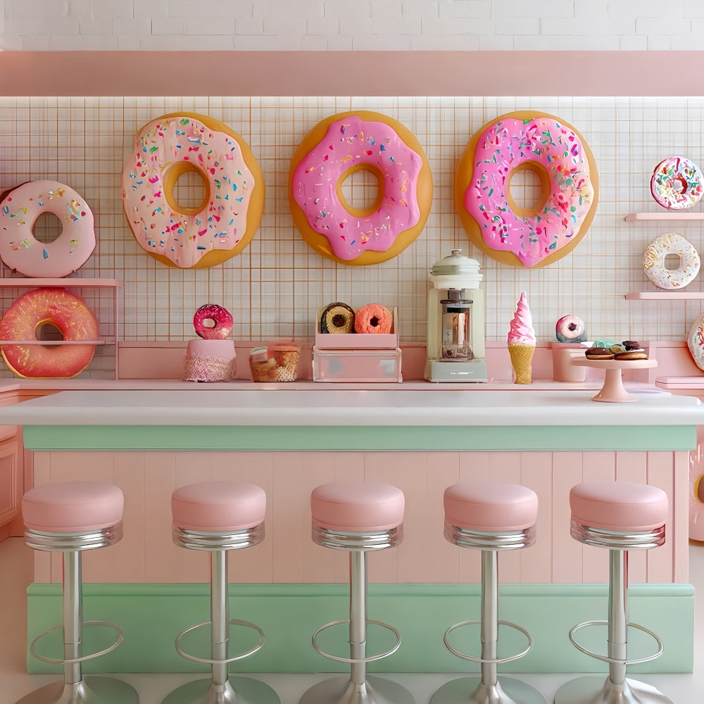 Fond pour smash cake avec bar à desserts et beignets roses pour fille Fond d'anniversaire TWW59-213