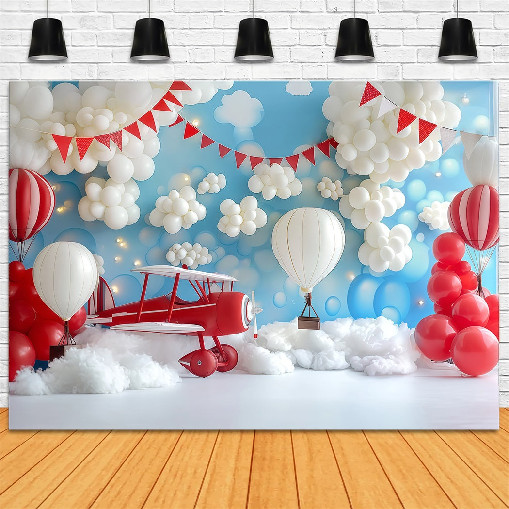 Fond pour smash cake avec ballons en forme d'avion et de nuages pour garçon Fond d'anniversaire TWW59-214