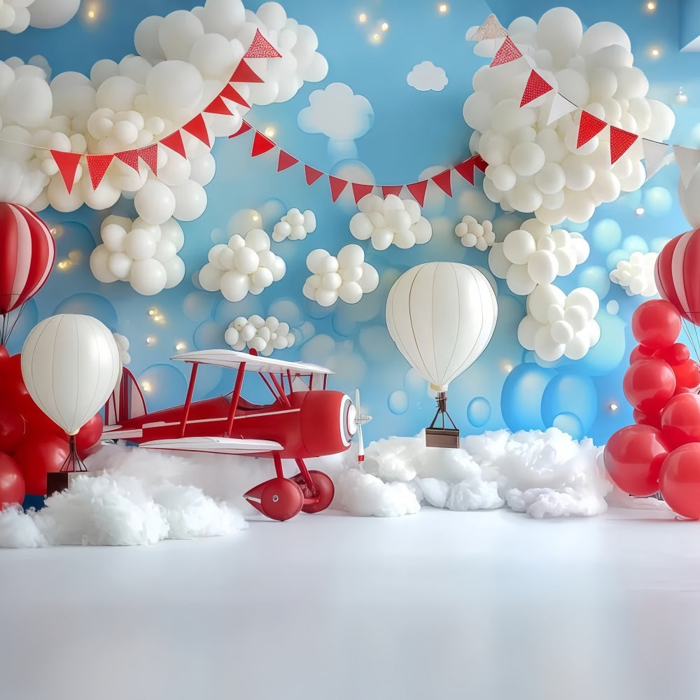 Fond pour smash cake avec ballons en forme d'avion et de nuages pour garçon Fond d'anniversaire TWW59-214