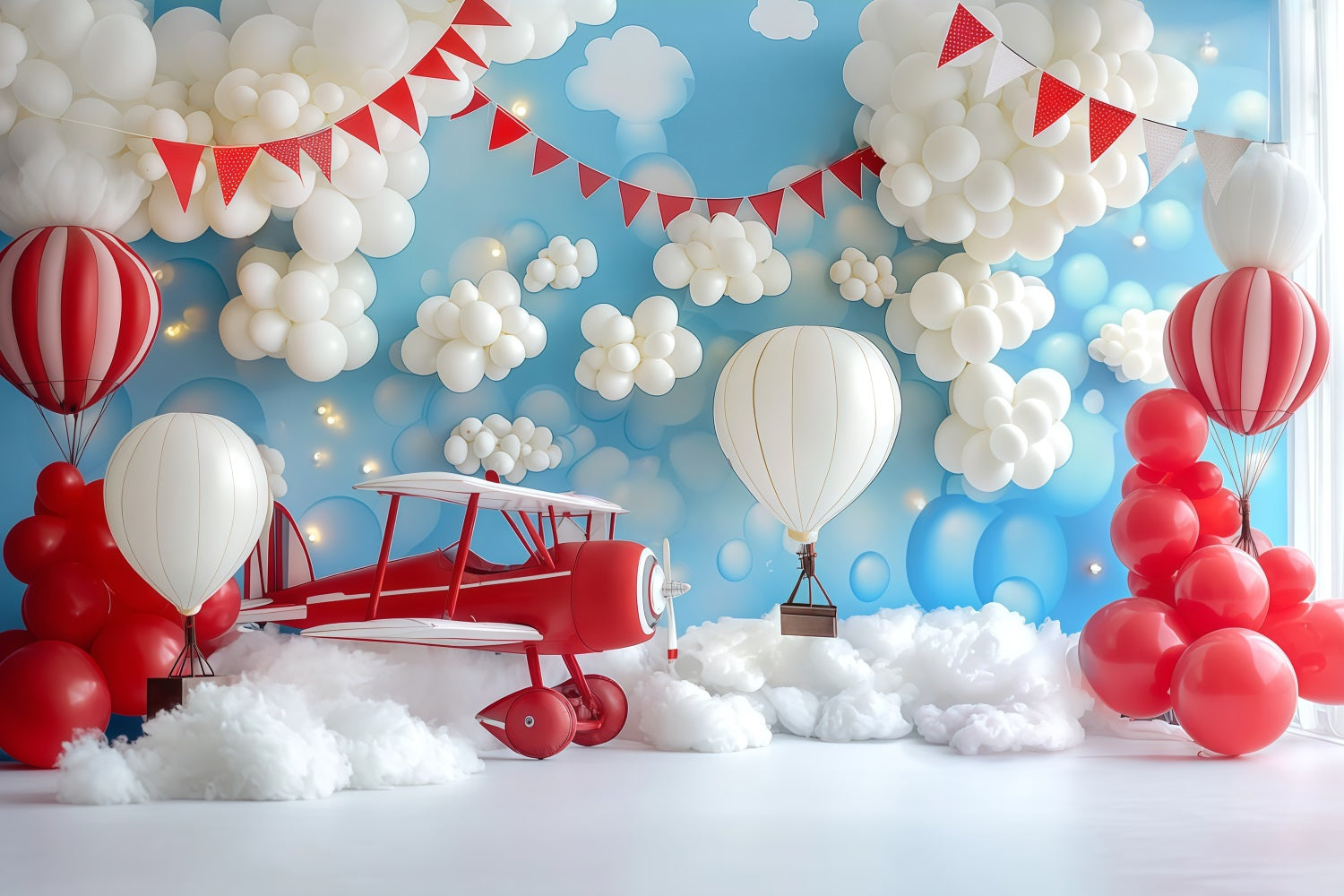 Fond pour smash cake avec ballons en forme d'avion et de nuages pour garçon Fond d'anniversaire TWW59-214