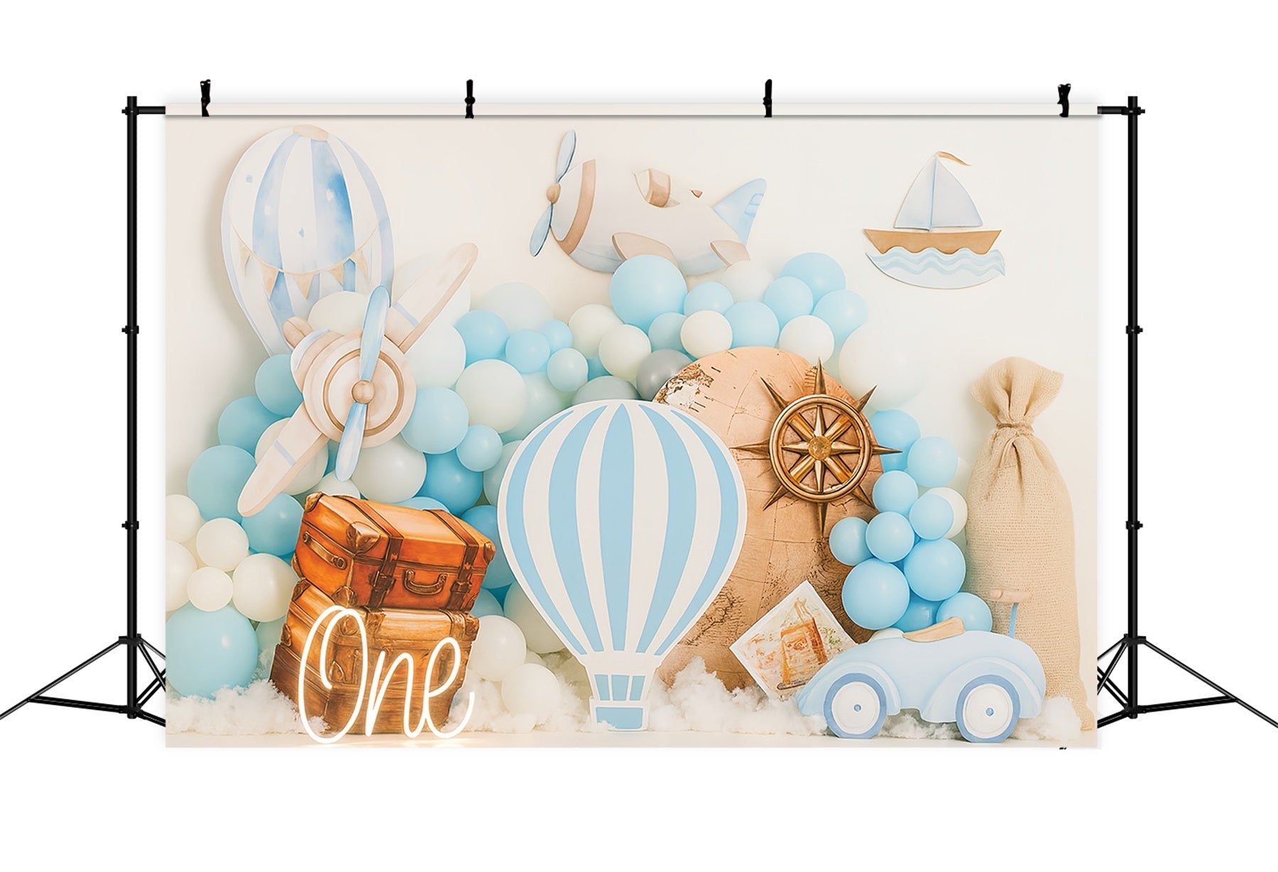 Fond pour cake smash Fonds d'anniversaire Blue Travel Adventure Theme TWW59-220