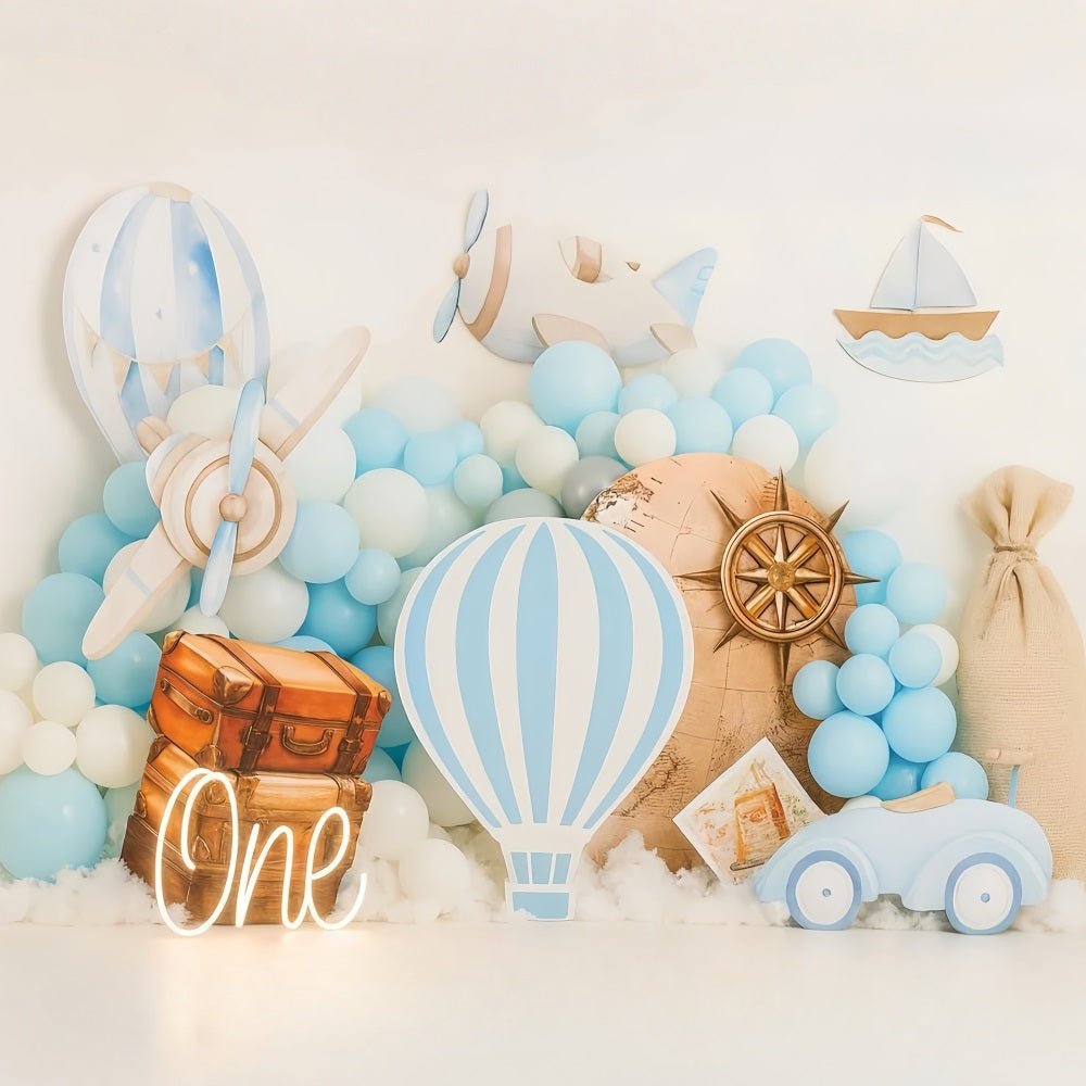 Fond pour cake smash Fonds d'anniversaire Blue Travel Adventure Theme TWW59-220