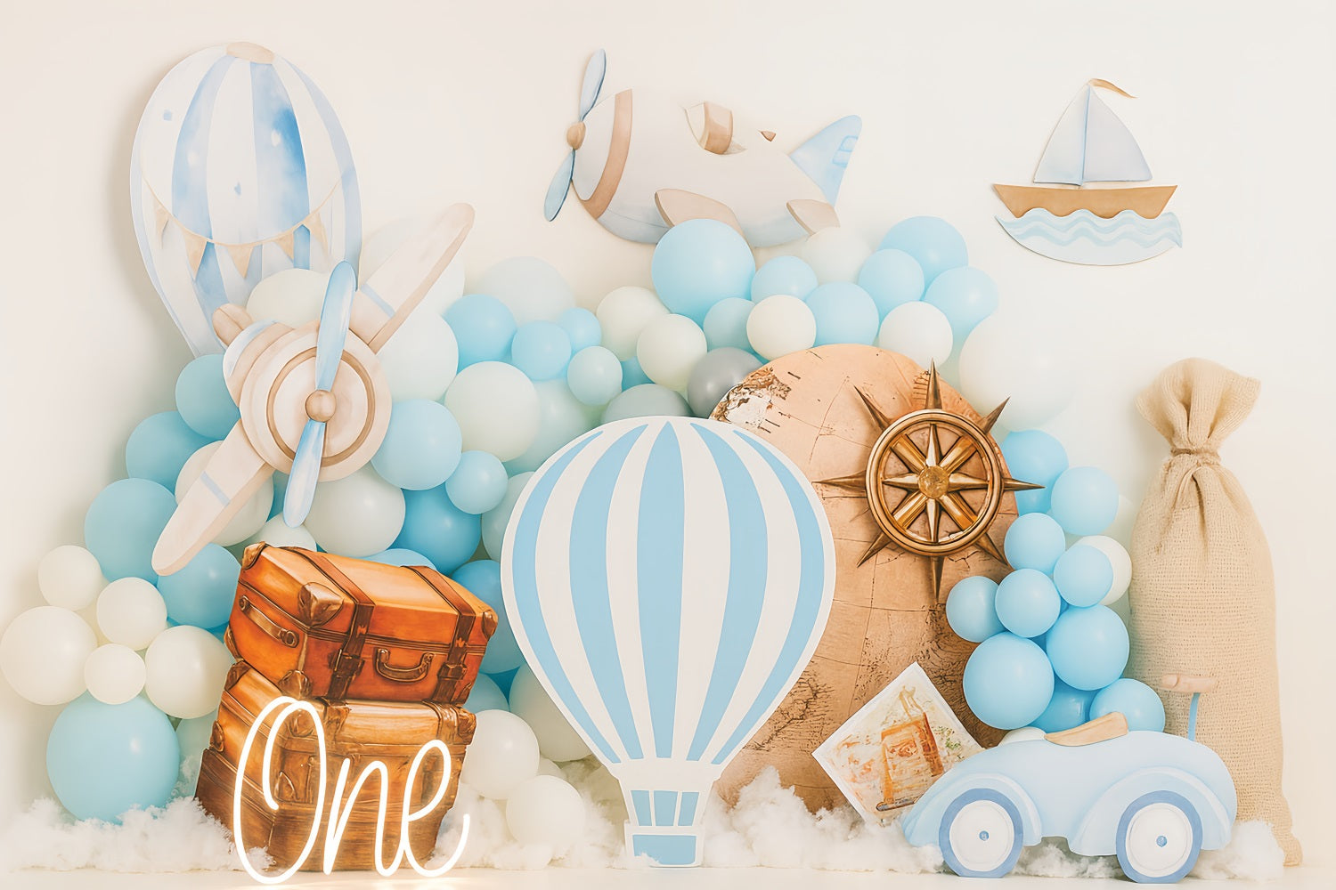 Fond pour cake smash Fonds d'anniversaire Blue Travel Adventure Theme TWW59-220