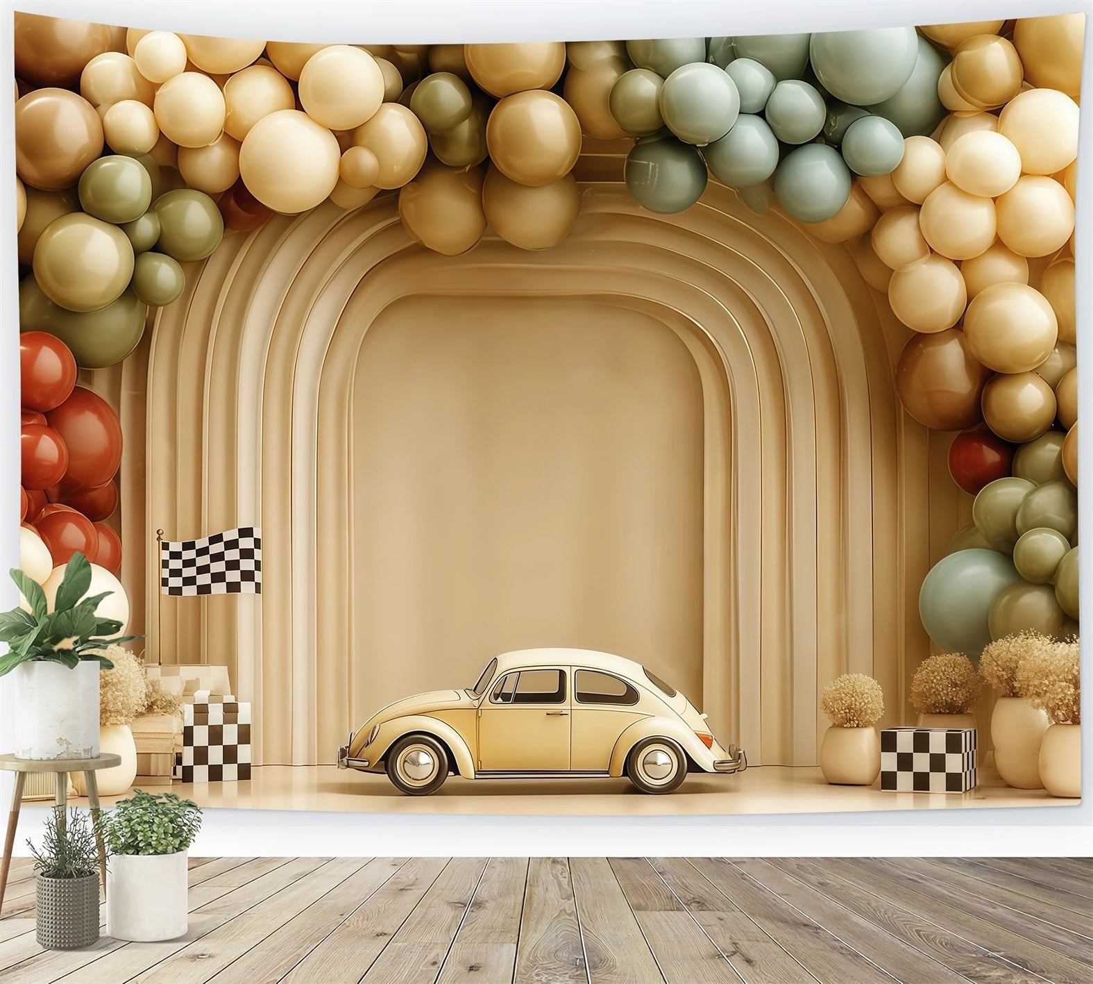 Fond pour smash cake Fond pour smash cake Arche de ballons et voiture vintage TWW59-223