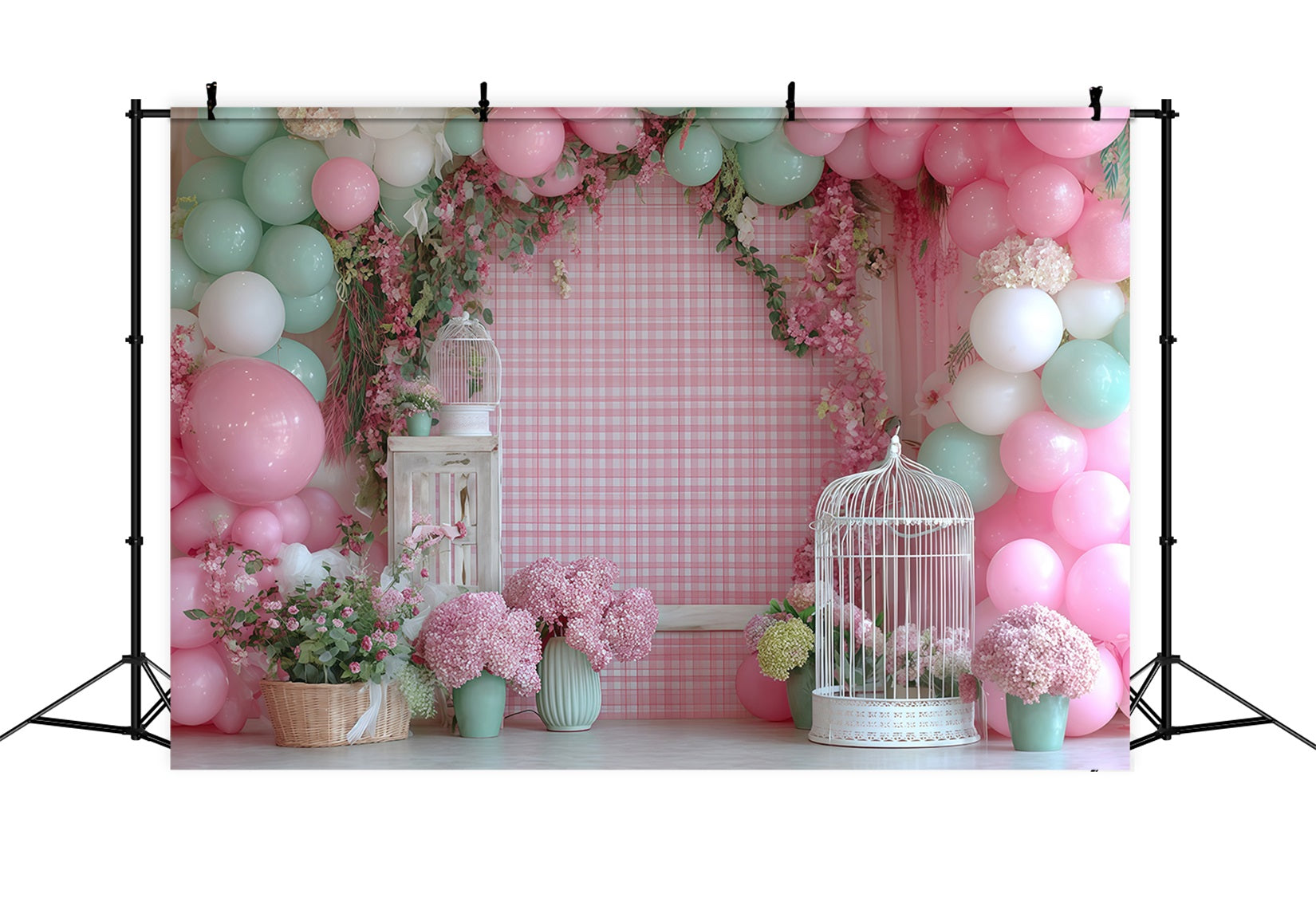 Fond pour cake smash jardin pastel ballons fleuris anniversaire TWW59-232
