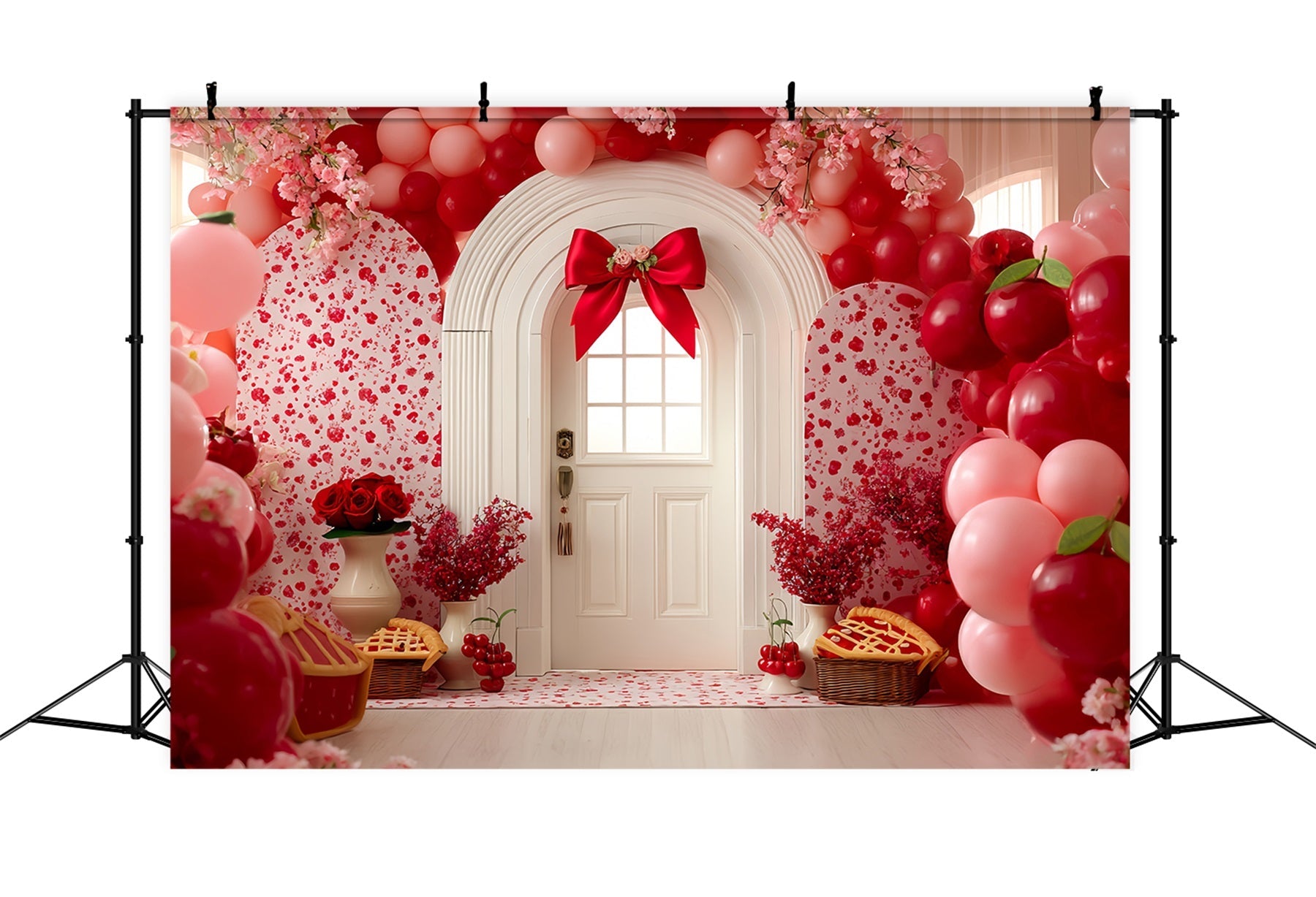 Fond pour cake smash Fond photo d'anniversaire avec porte fleurie et cerisiers en fleurs TWW59-234