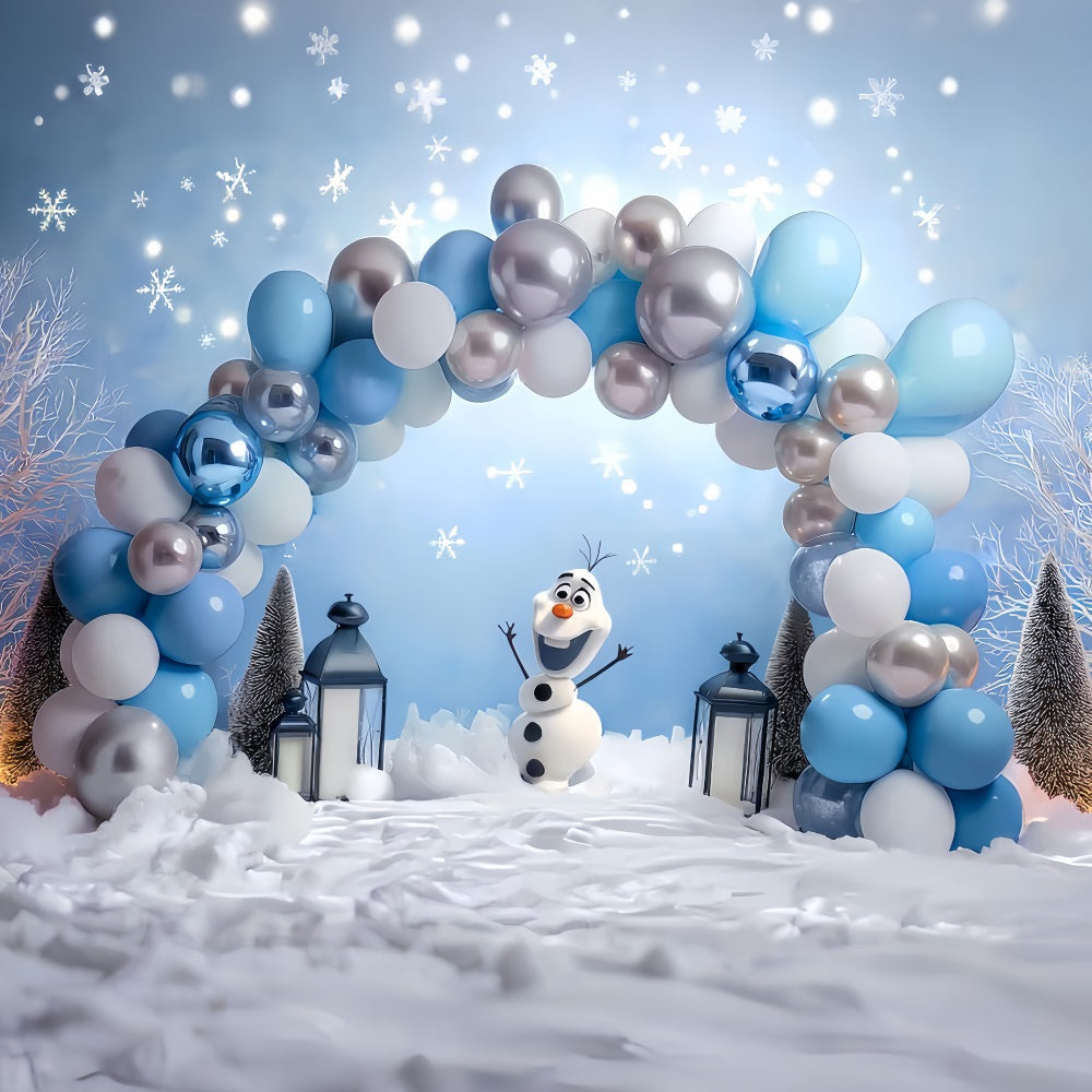 Fond pour cake smash Fond d'anniversaire avec bonhomme de neige et arche de ballons TWW59-235