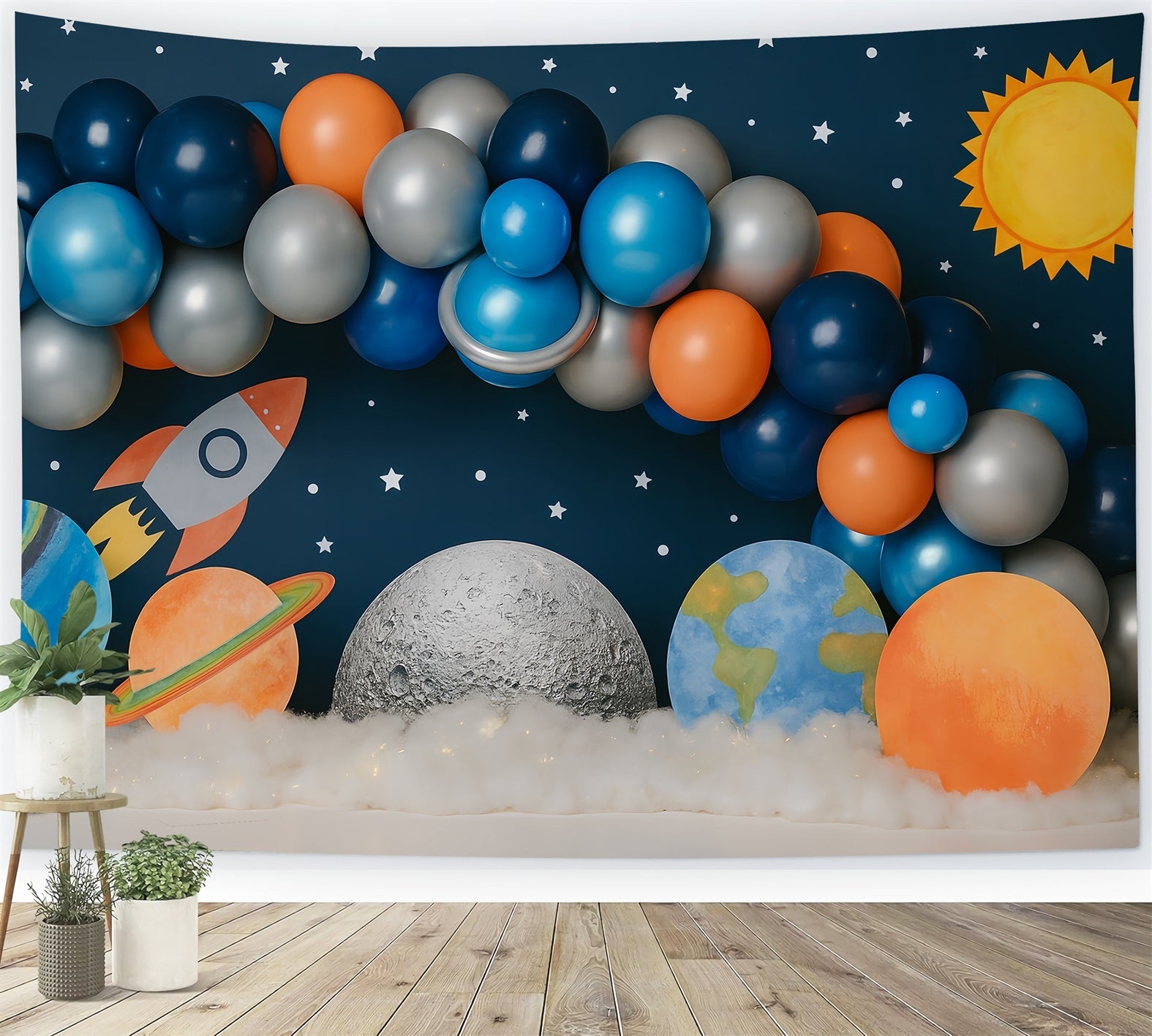 Fond pour cake smash garçon Espace Galaxie Fusée Aventure Anniversaire TWW59-239