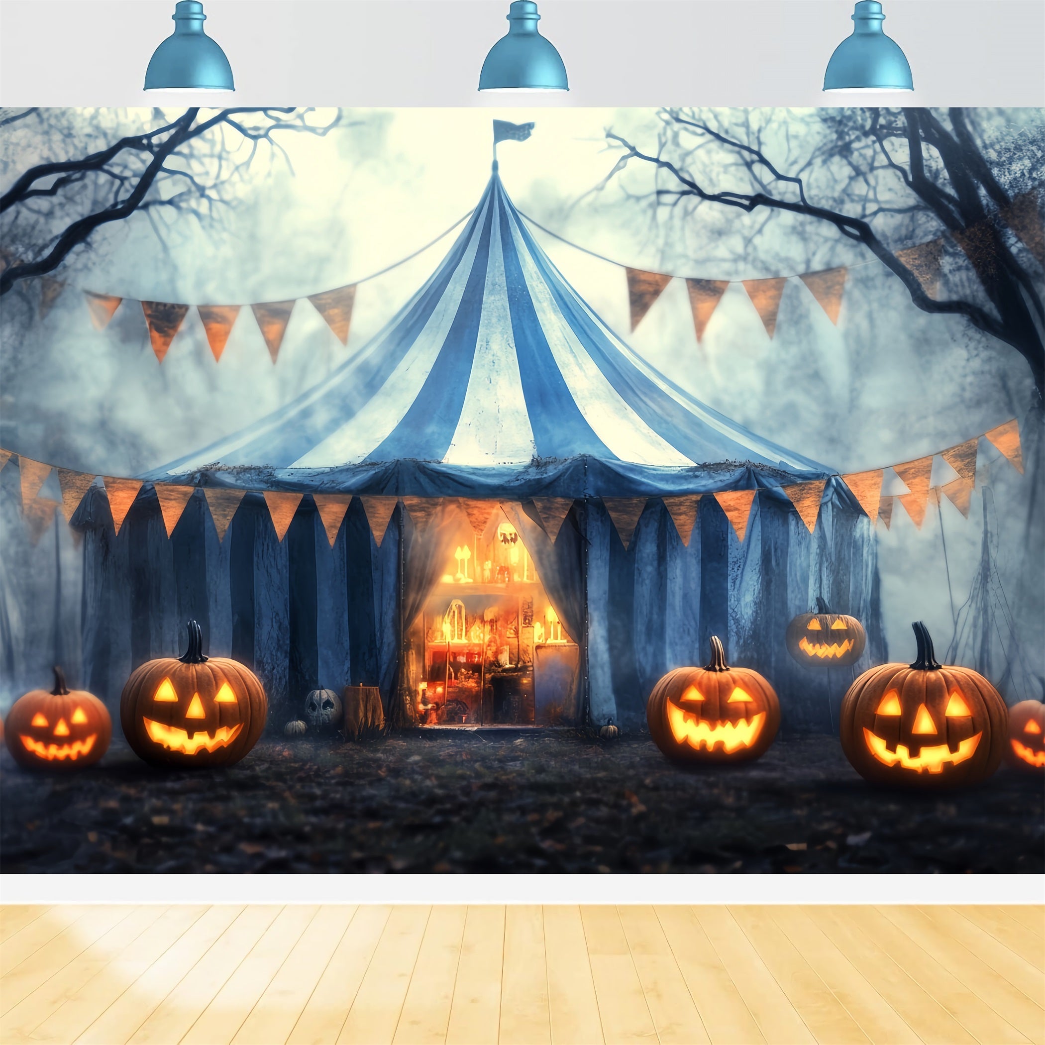Toile de fond Cirque Halloween Citrouille Brouillard Chapiteau Hanté TWW59-24