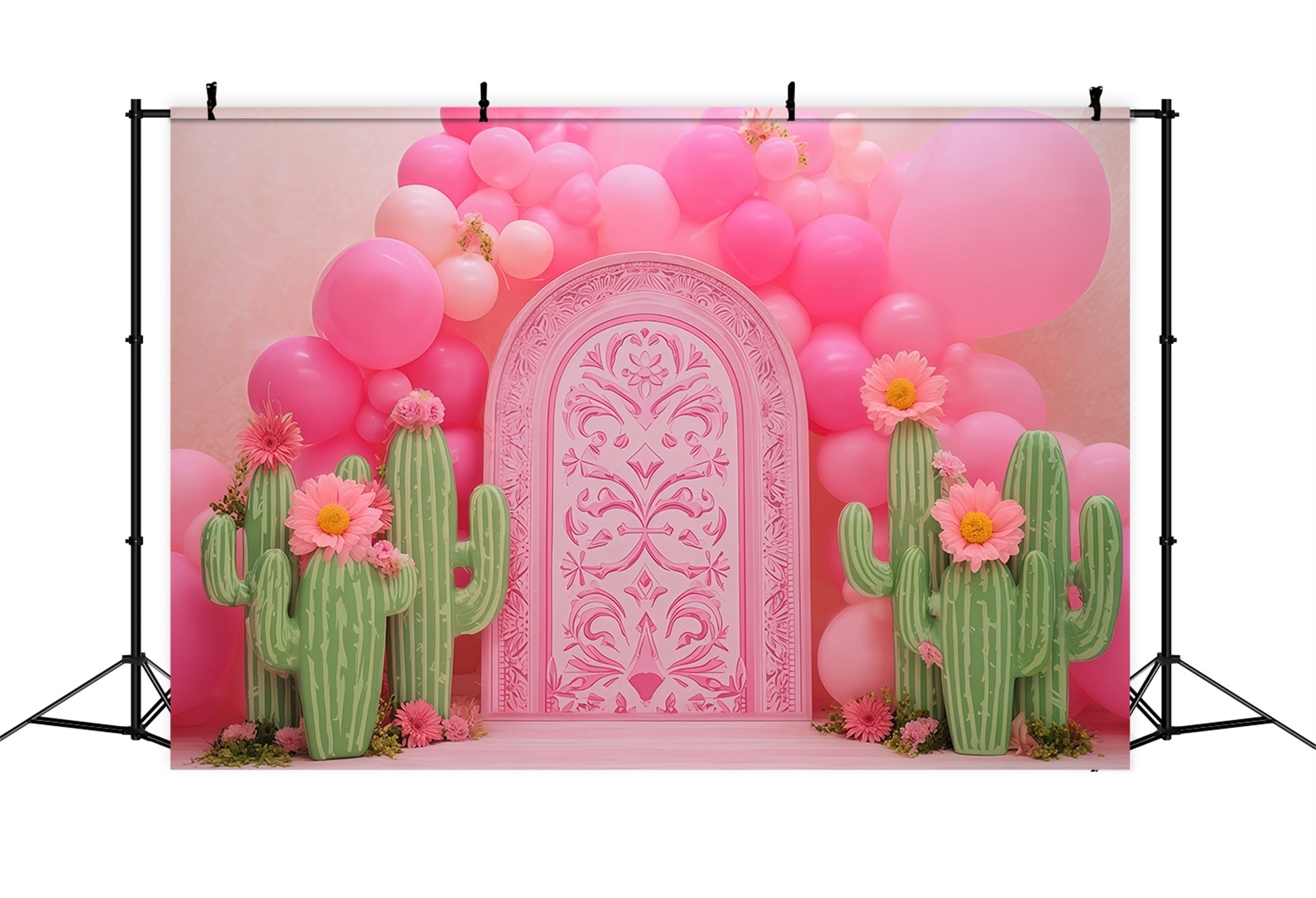 Toile de fond pour photographie de gâteaux Toiles de fond d'anniversaire Jardin de ballons et cactus roses TWW59-242