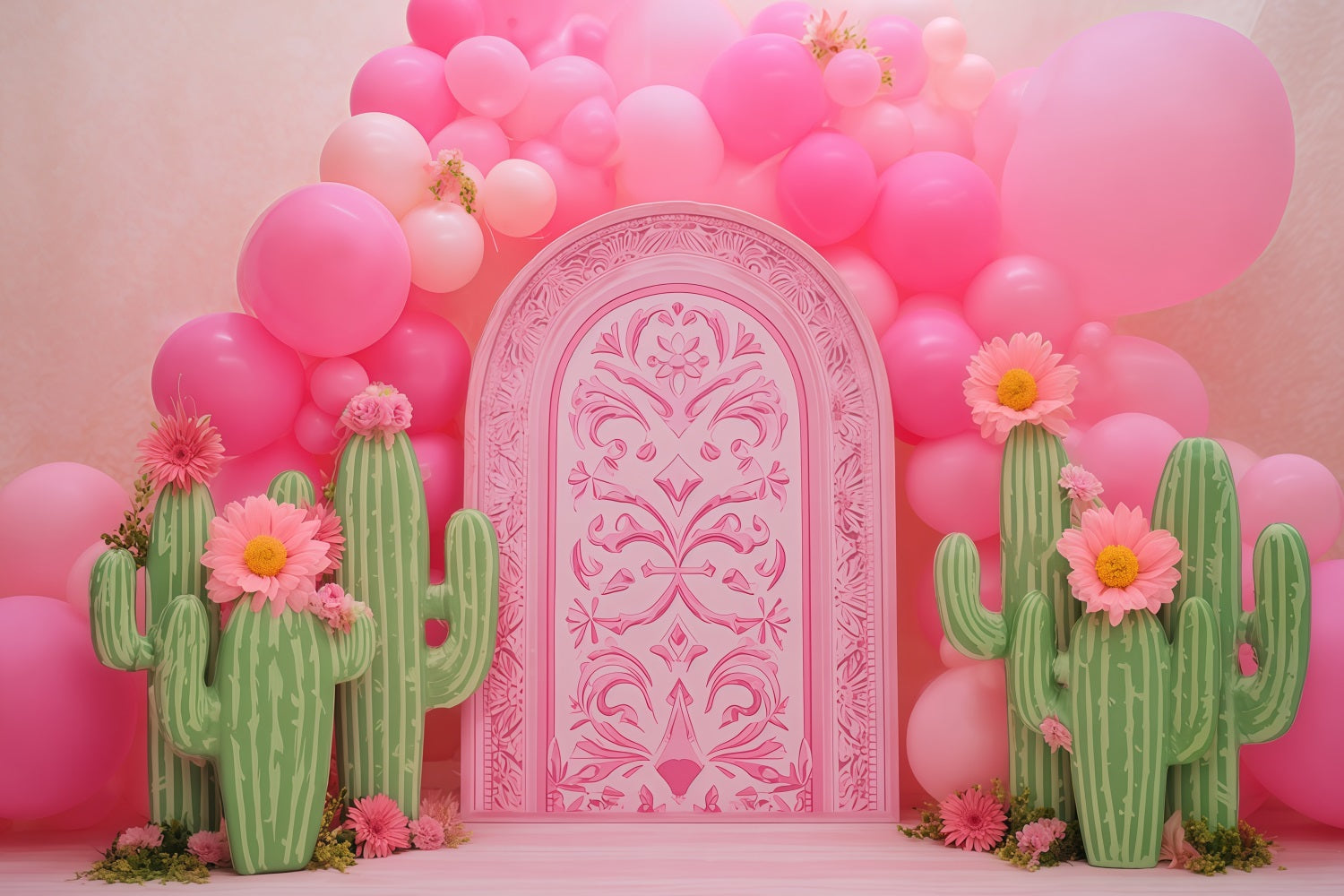 Toile de fond pour photographie de gâteaux Toiles de fond d'anniversaire Jardin de ballons et cactus roses TWW59-242