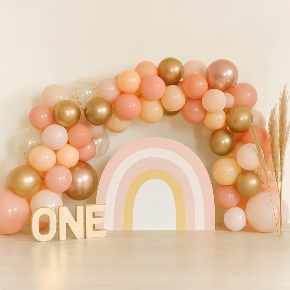 Toile de fond pour gâteaux d'anniversaire Golden Peach Rainbow Arch 1st Birthday Backdrop TWW59-245