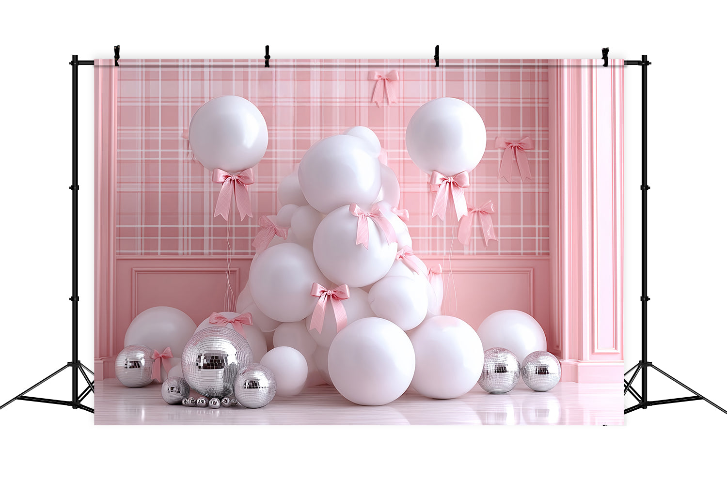 Fond pour cake smash Fond pour cake smash avec nœuds roses et ballons glamour TWW59-249