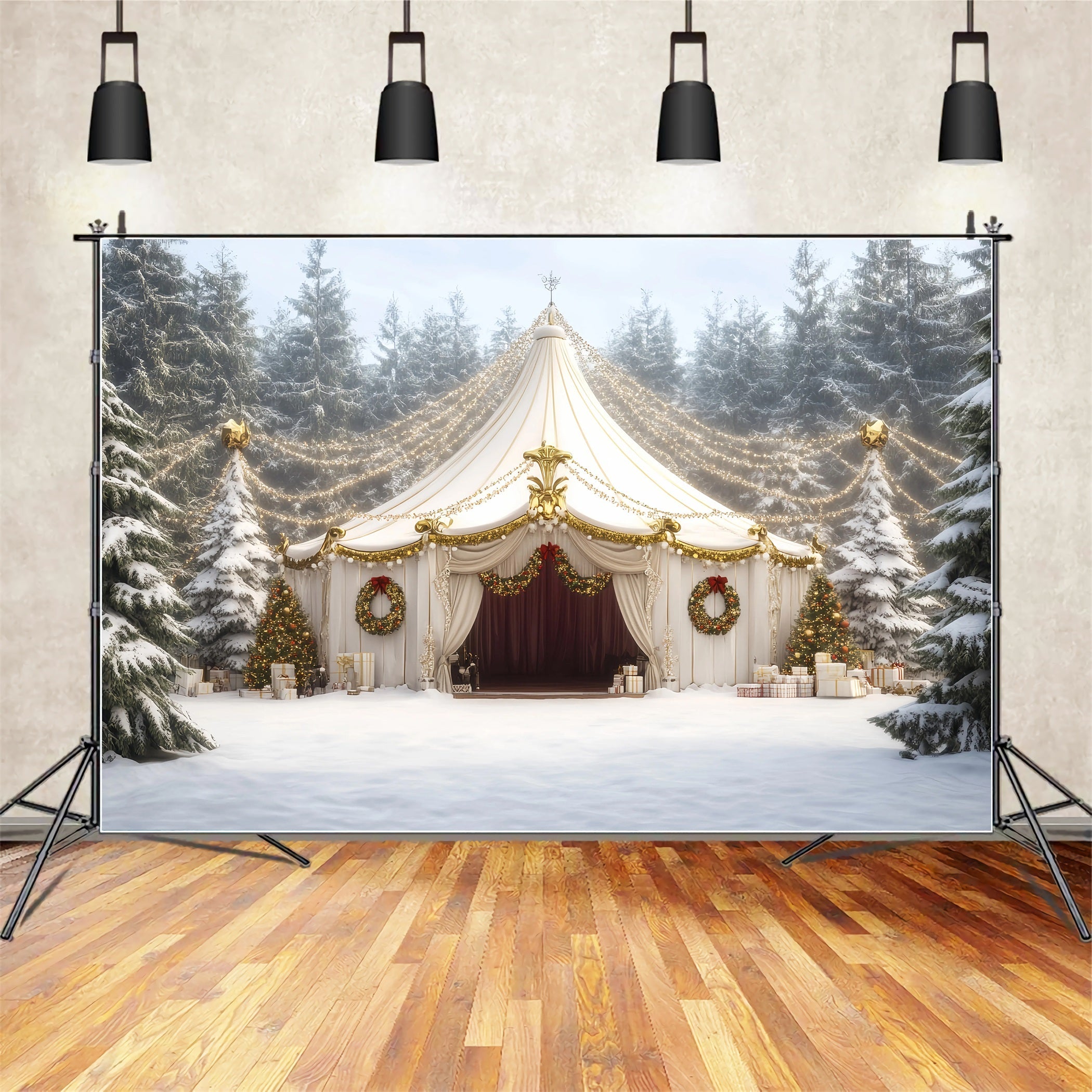 Toile de fond Cirque Noël Chapiteau Guirlande Blanche TWW59-31
