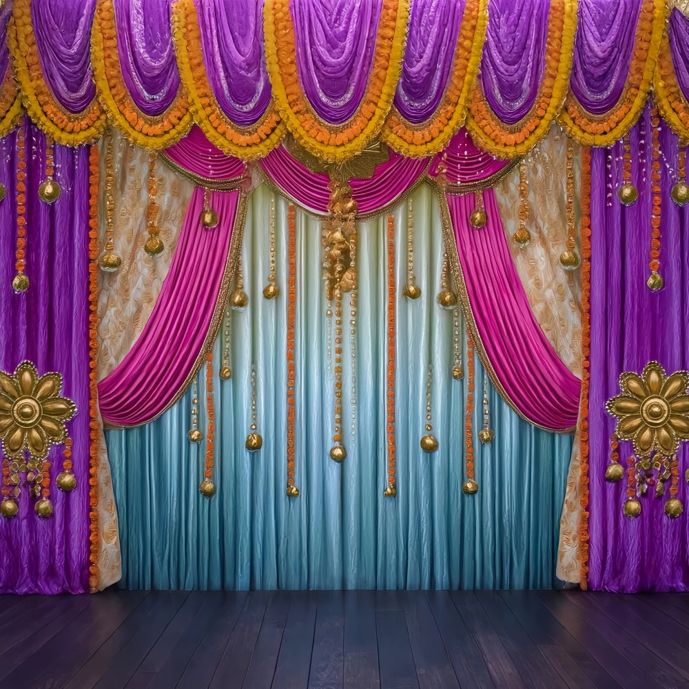 Toile de fond Mariage Indien Rideaux Dorés Violets Drapés TWW59-41
