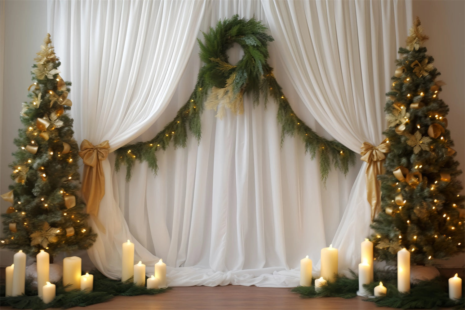 Toile de fond Mariage Noël Drapés Sapin Chandelles TWW59-55