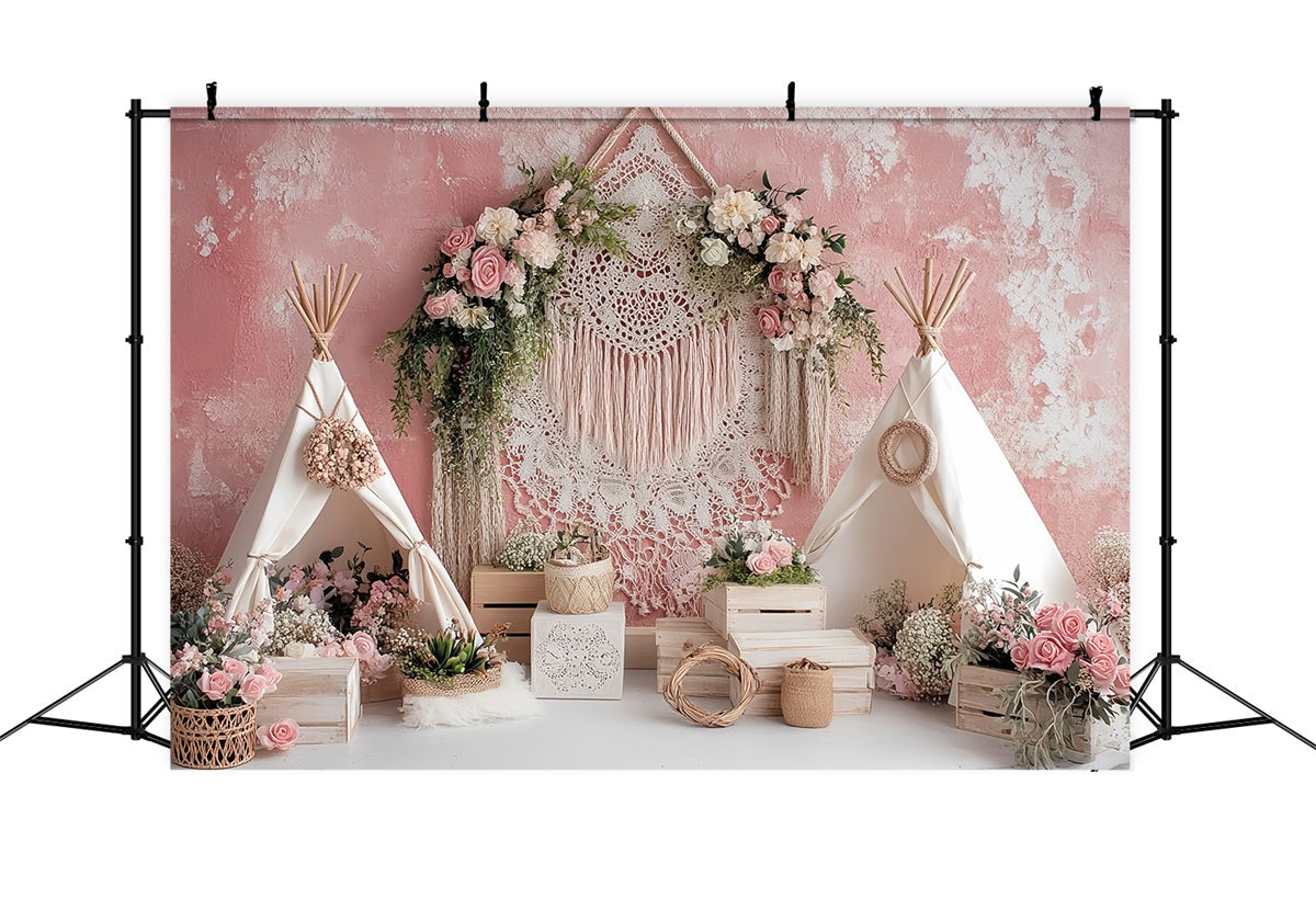 Toile de fond Mariage Bohème Tente Rose Bohème Fleurs Élégantes TWW59-56