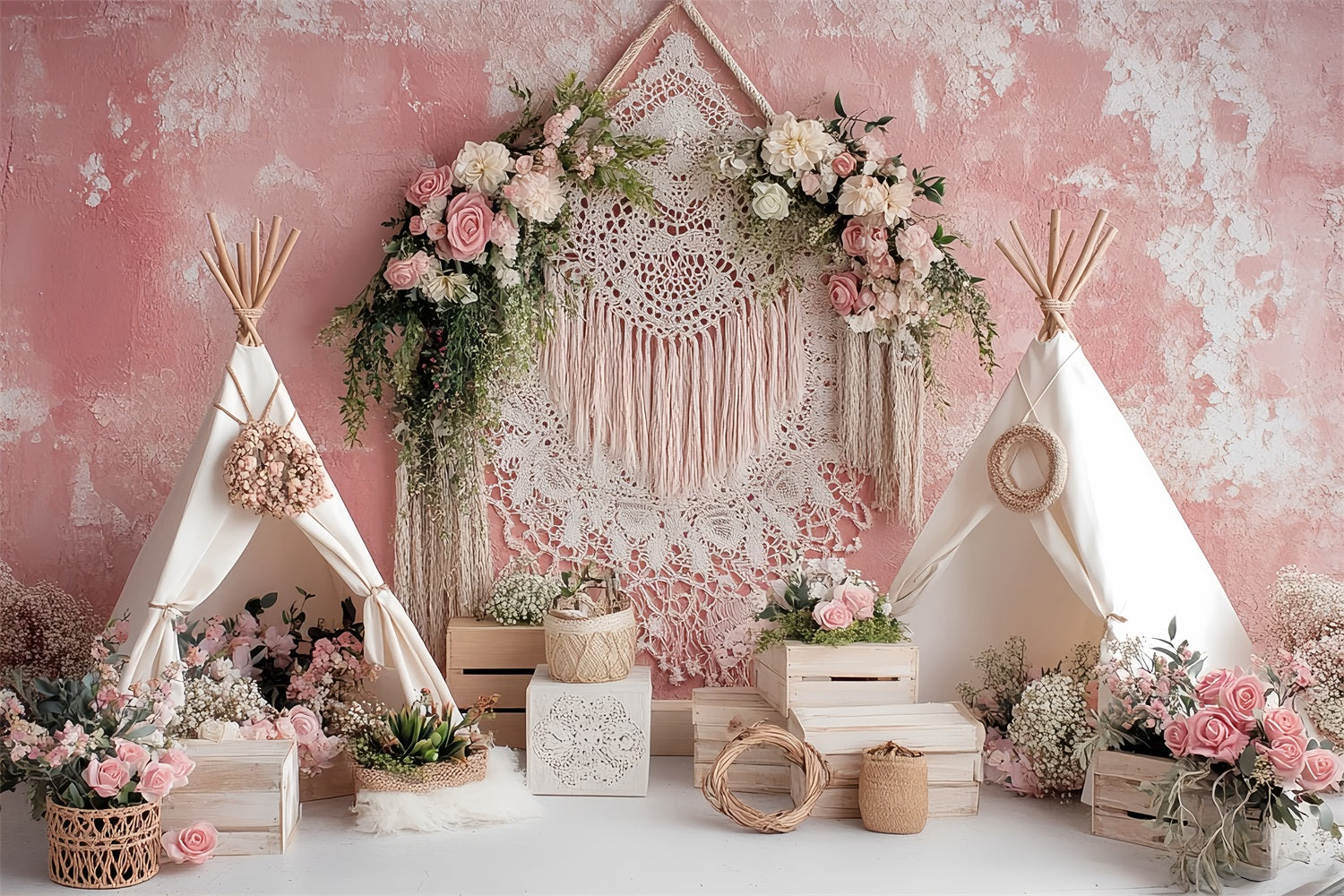 Toile de fond Mariage Bohème Tente Rose Bohème Fleurs Élégantes TWW59-56