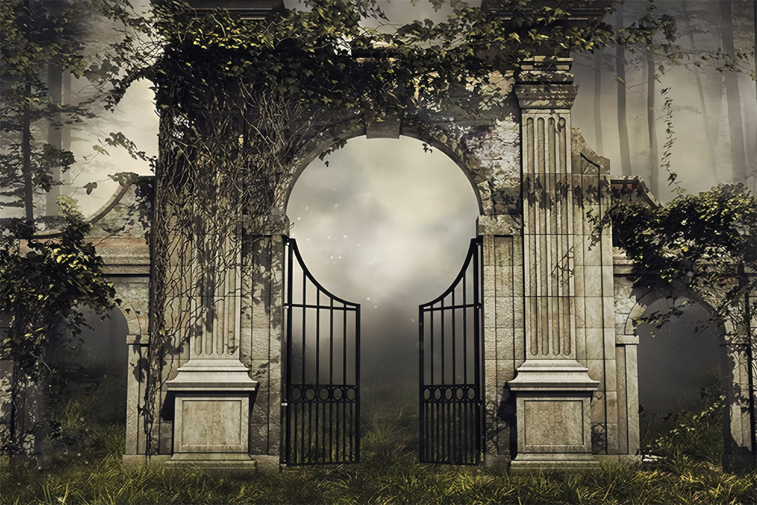Toile de fond Mariage Gothique Jardin Brumeux Grille Fer Gothique TWW59-60